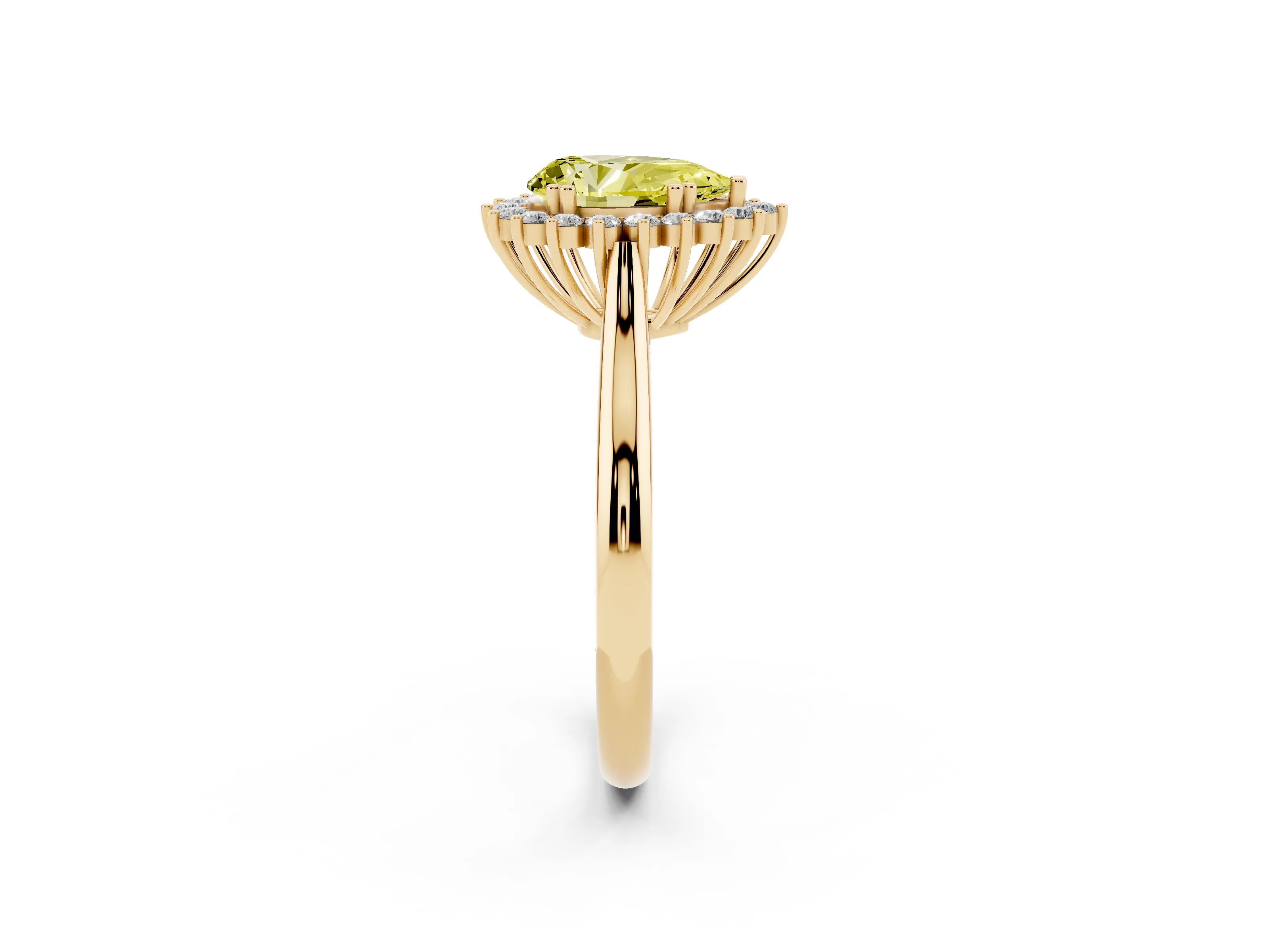 Fancy Yellow Pear Cut Diamond Halo Ring Set in Yellow gold with Plain Solitaire Band and Prong Setting