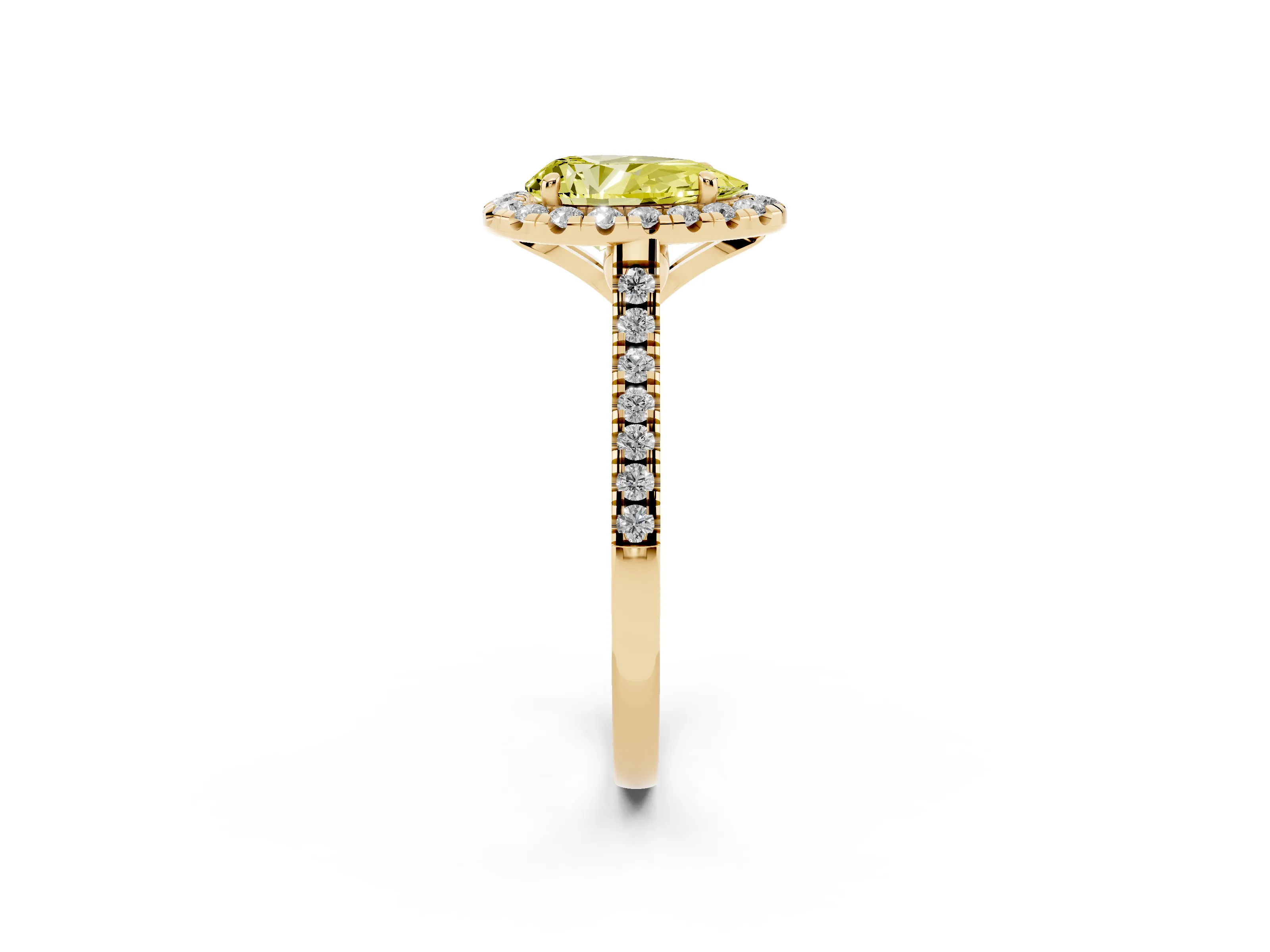 Fancy Yellow Pear Cut Diamond Cushion Halo Ring Set in Yellow gold with Pavé Band