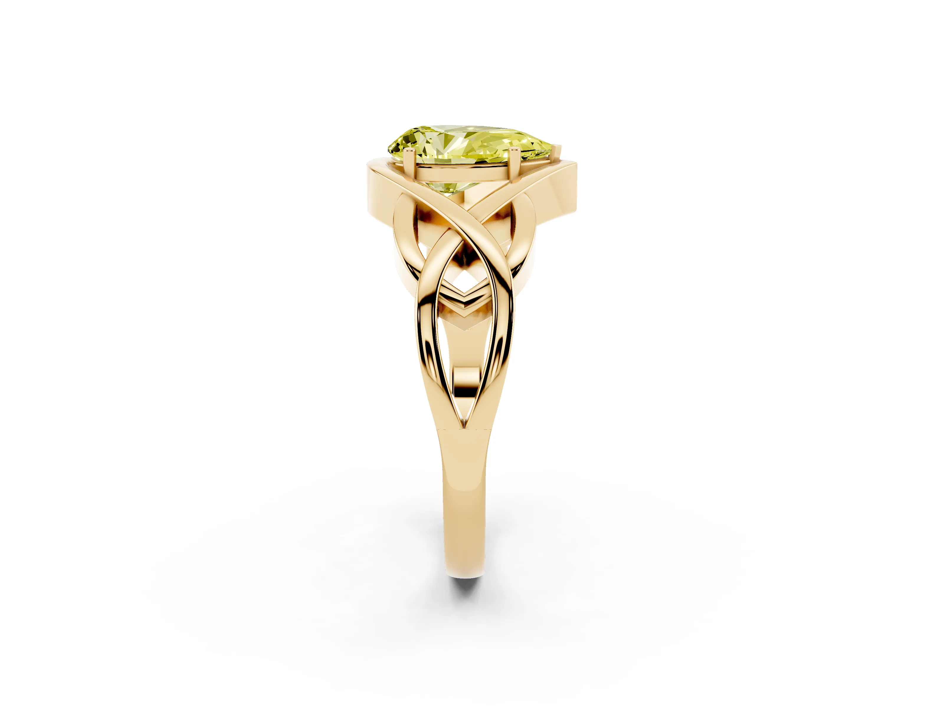 Fancy Yellow Pear Cut Diamond Solitaire Ring Set in Yellow gold with Intertwined Band