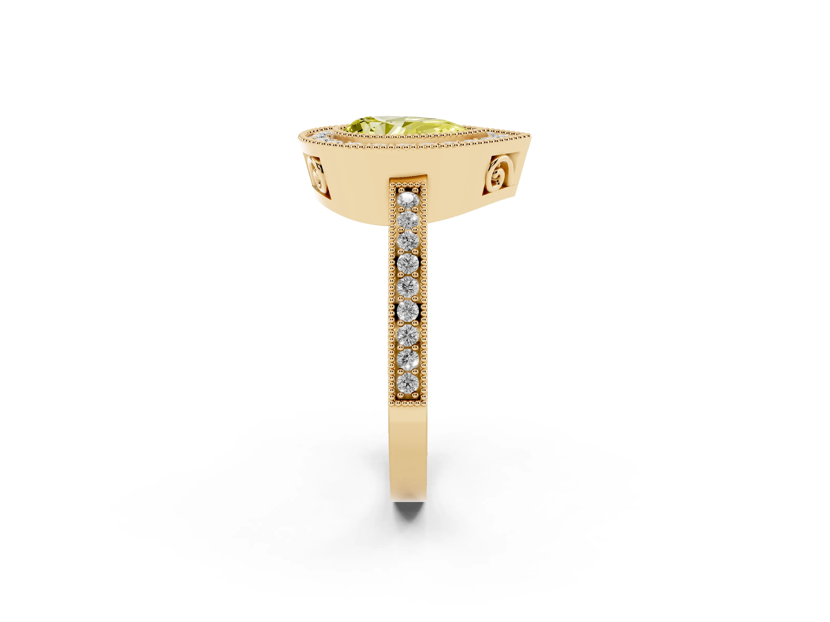 Fancy Yellow Pear Cut Diamond Round Halo Ring Set in Yellow gold with Pavé Band