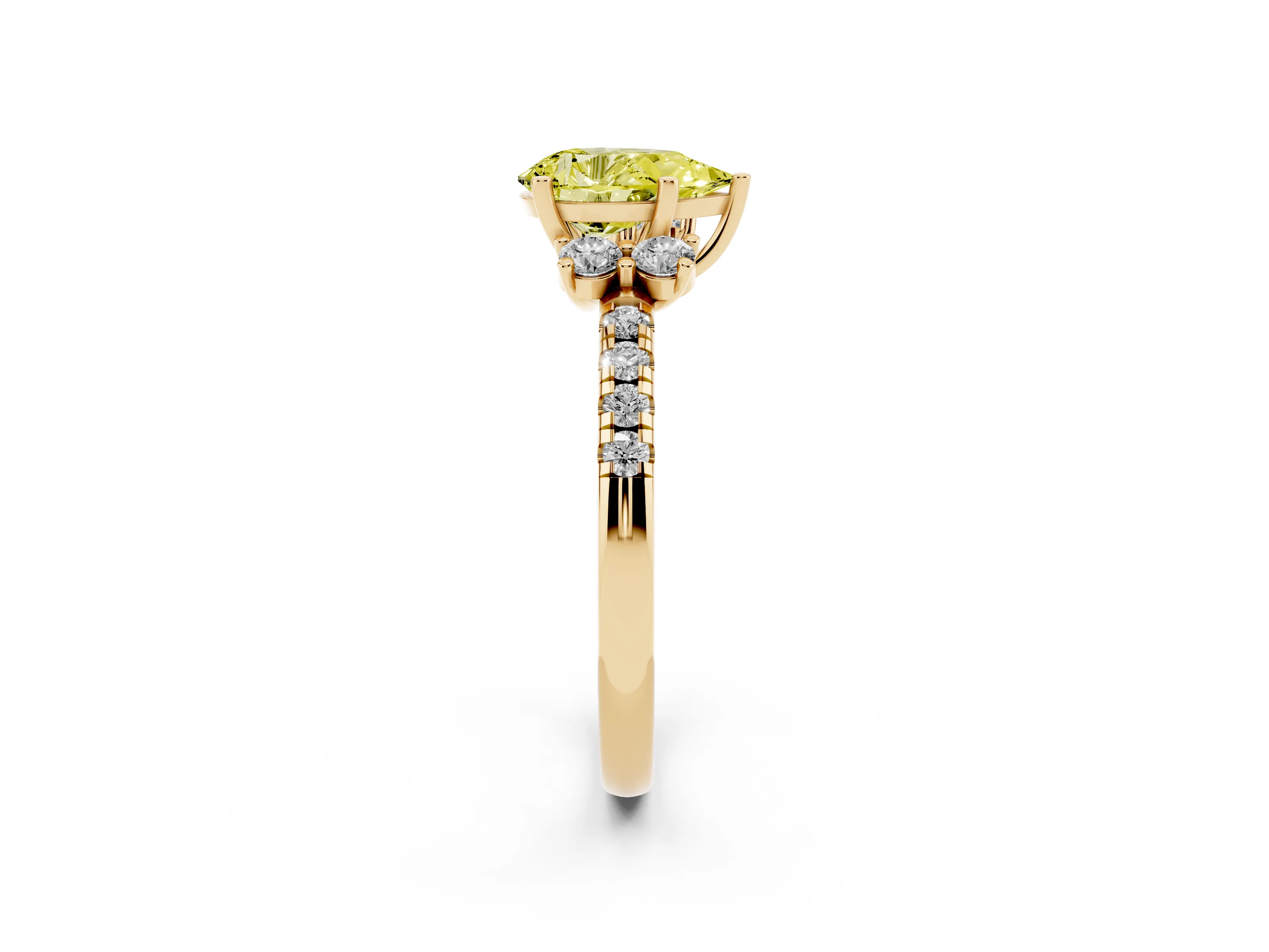Fancy Yellow Pear Cut Diamond Three-Stone Pavé Ring Set in Yellow gold with Prong Setting
