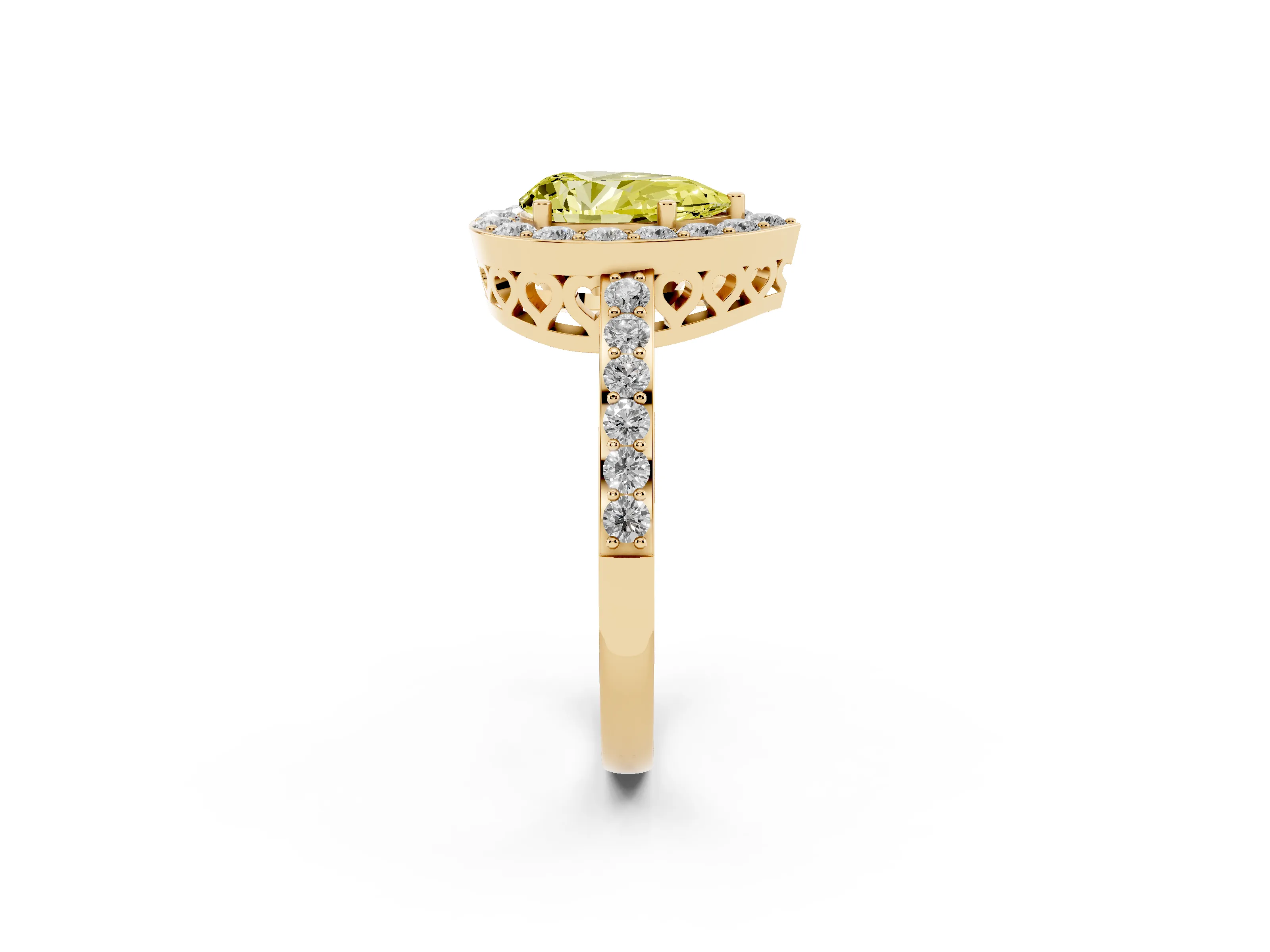 Fancy Yellow Pear Cut Diamond Halo Ring Set in Yellow gold with Pavé-Setting Band and Open Prong Center