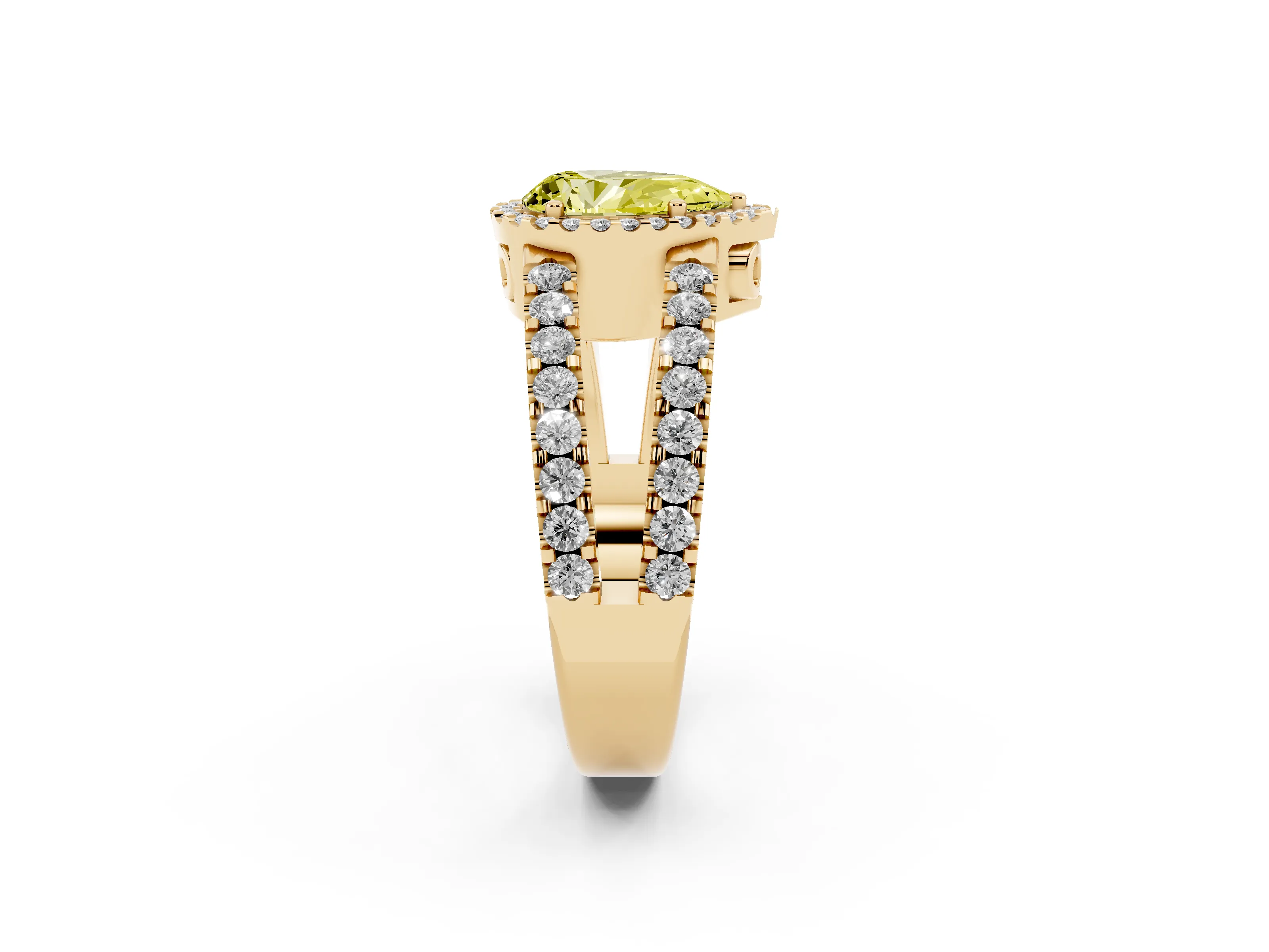 Fancy Yellow Pear Cut Diamond Halo Ring Set in Yellow gold with Pavé Split Shank and Prong Setting