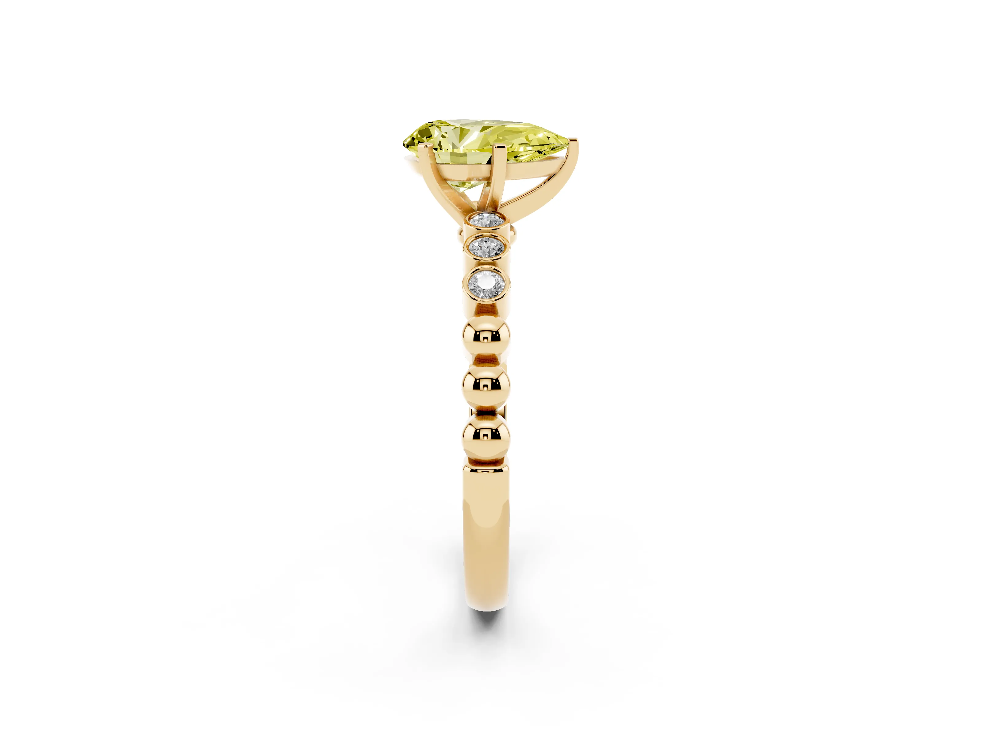 Fancy Yellow Pear Cut Diamond Solitaire Engagement Ring Set in Yellow gold with Bezel Accents on Beaded Band