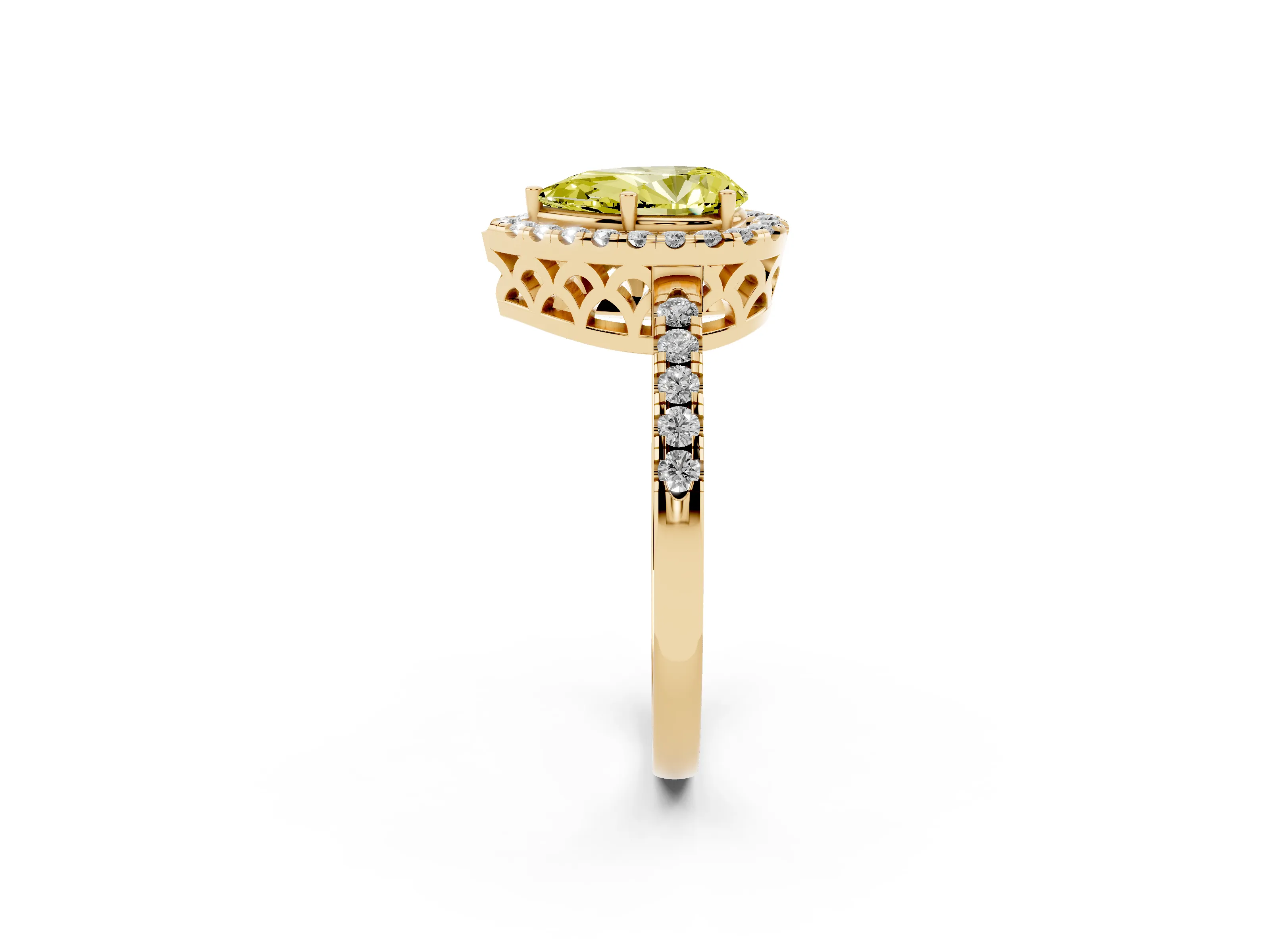 Fancy Yellow Pear Cut Diamond Pavé Band Halo Engagement Ring Set in Yellow gold with Prong Setting