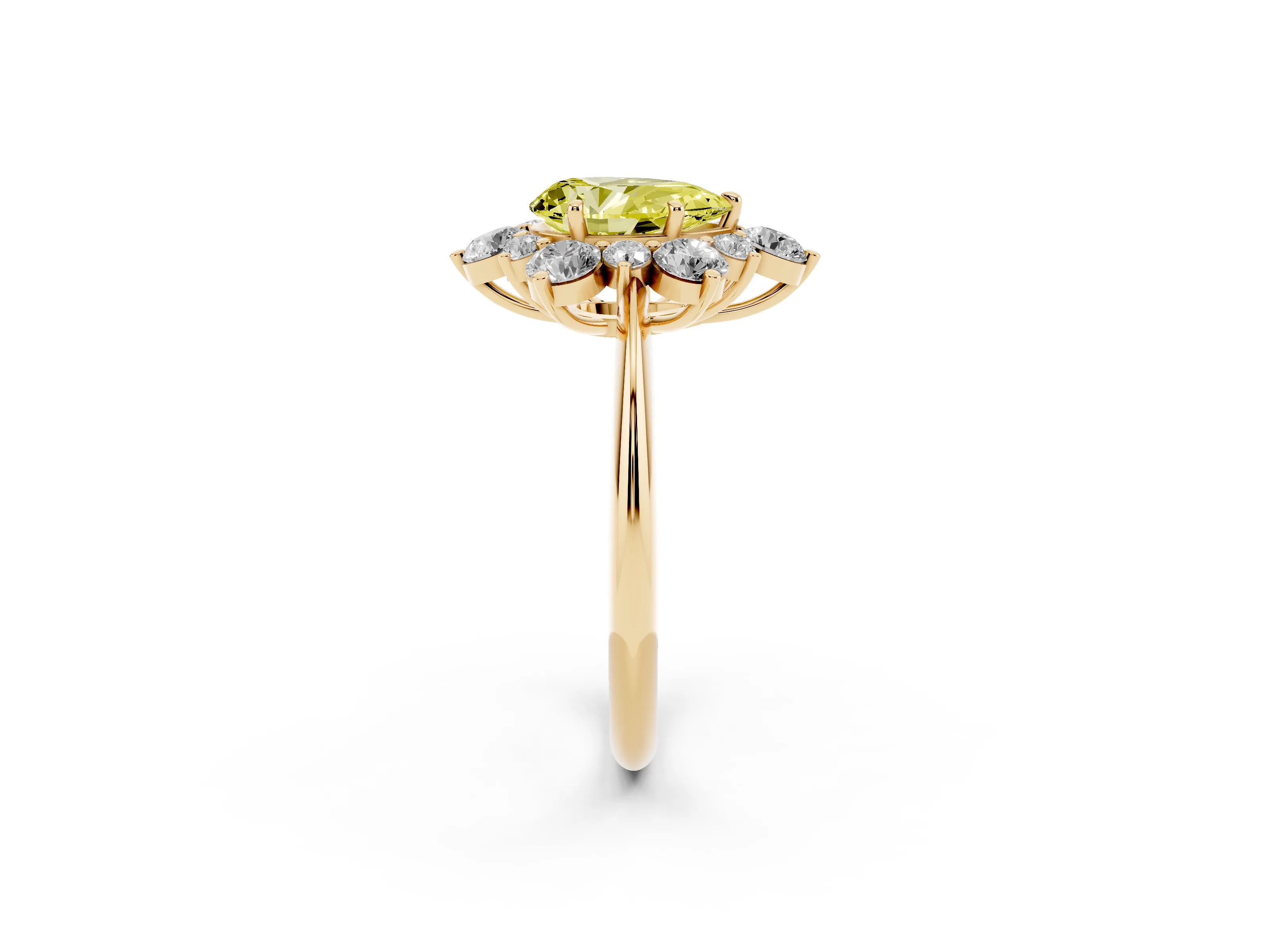 Fancy Yellow Pear Cut Diamond Cluster Halo Ring Set in Yellow gold with Solitaire Band and Prong Setting