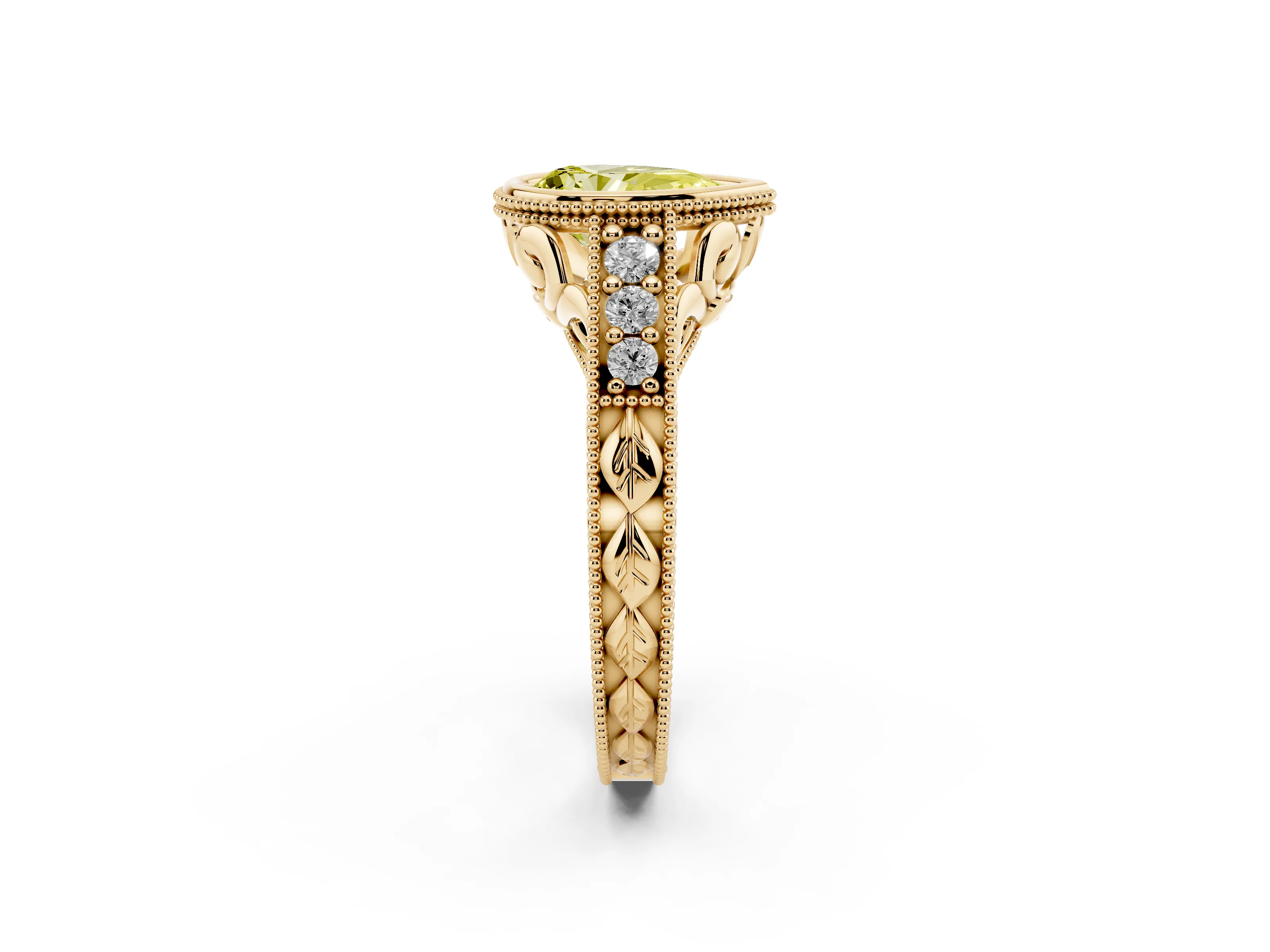 Fancy Yellow Bezel Set Pear Cut Diamond Milgrain Pavé Engagement Ring Set in Yellow gold