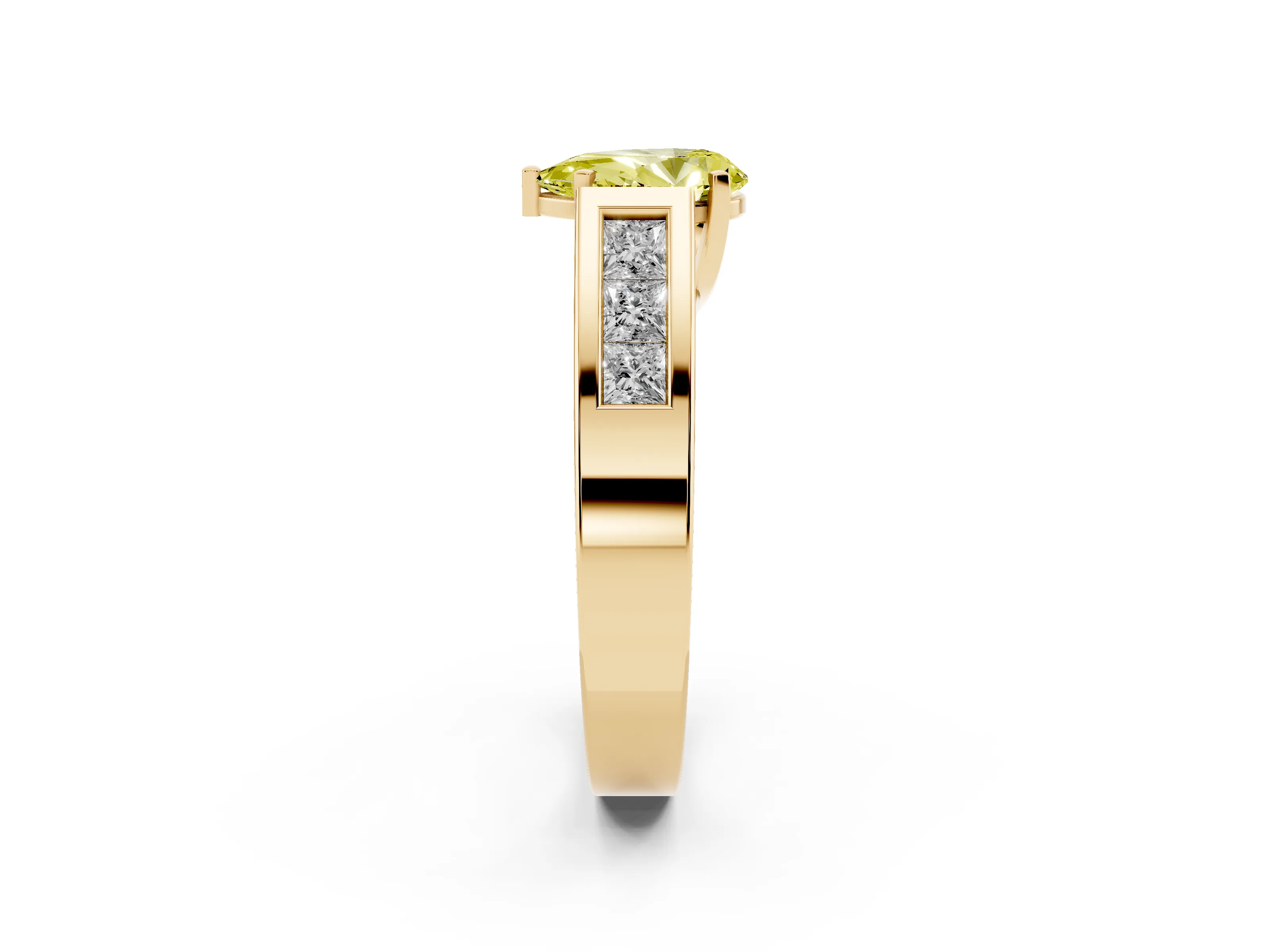 Fancy Yellow Pear Cut Diamond Solitaire Ring Set in Yellow gold with Channel-Set Accent Stones and Prong Setting