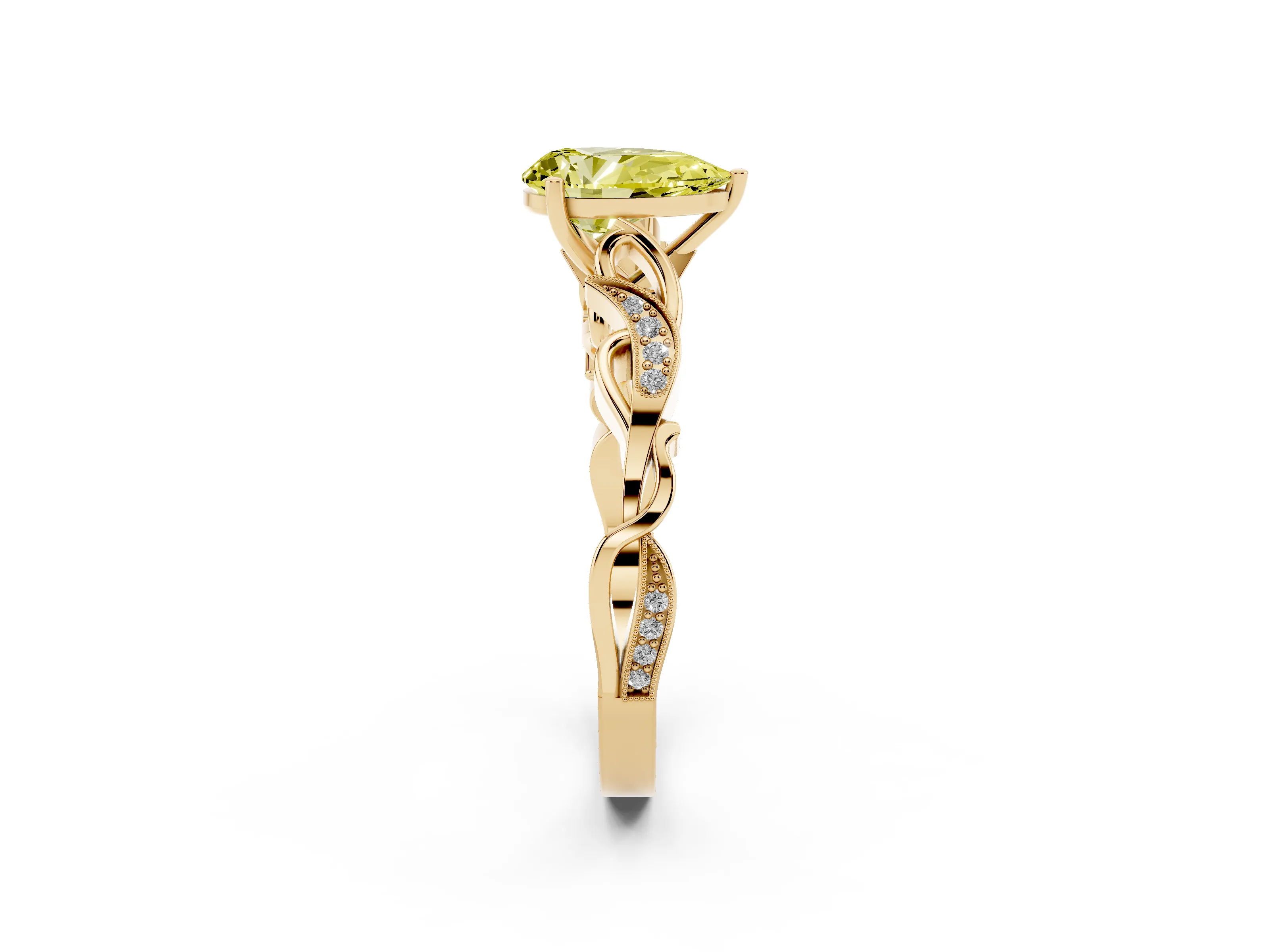 Fancy Yellow Pear Cut Diamond Vine Band Solitaire Ring Set in Yellow gold with Milgrain Prong Setting