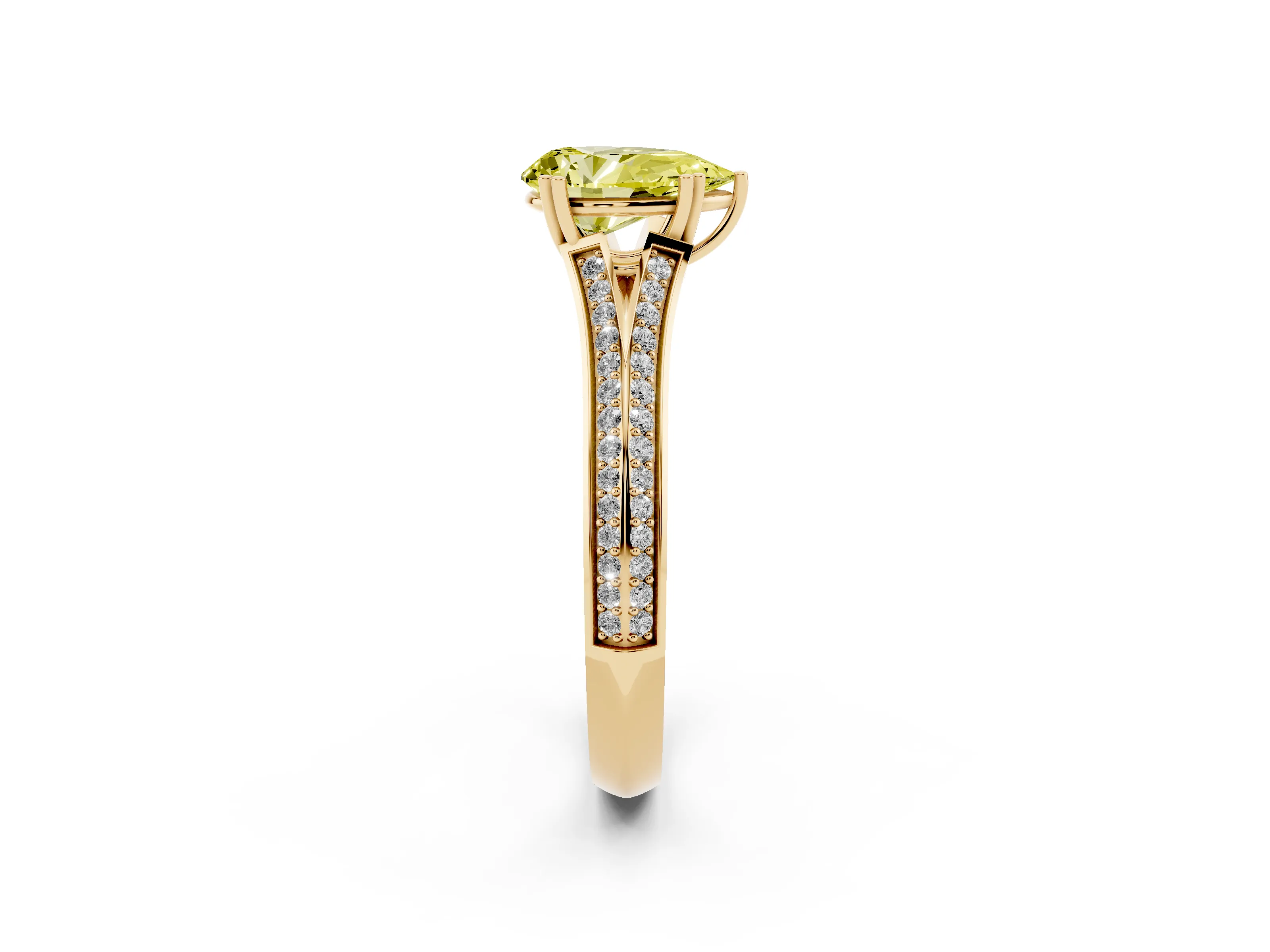Fancy Yellow Pear Cut Diamond Split Shank Pavé Engagement Ring Set in Yellow gold with Prong-Set Center Stone