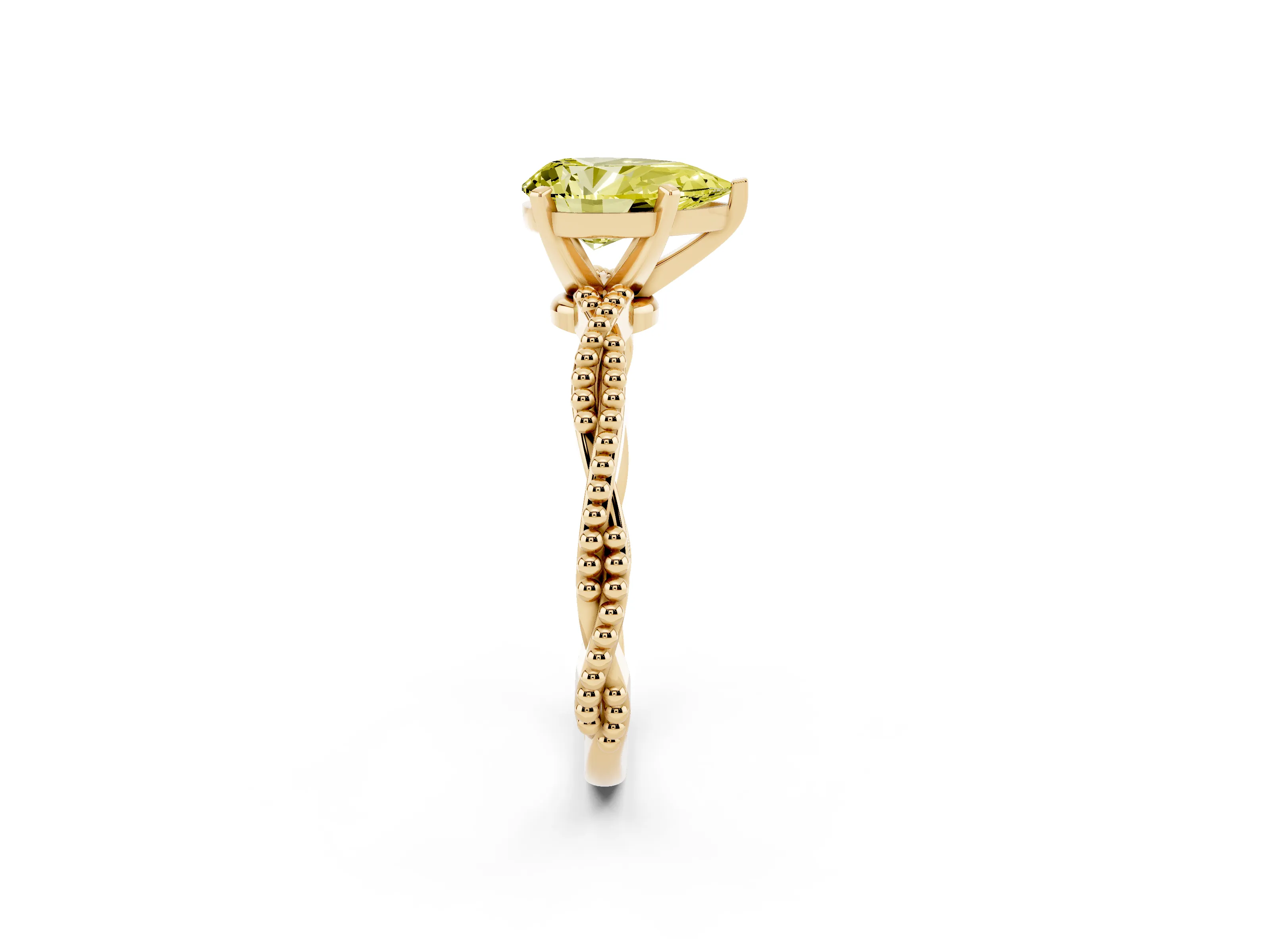 Fancy Yellow Pear Cut Diamond Solitaire Ring Set in Yellow gold with Twisted Band and Bead Prong Setting
