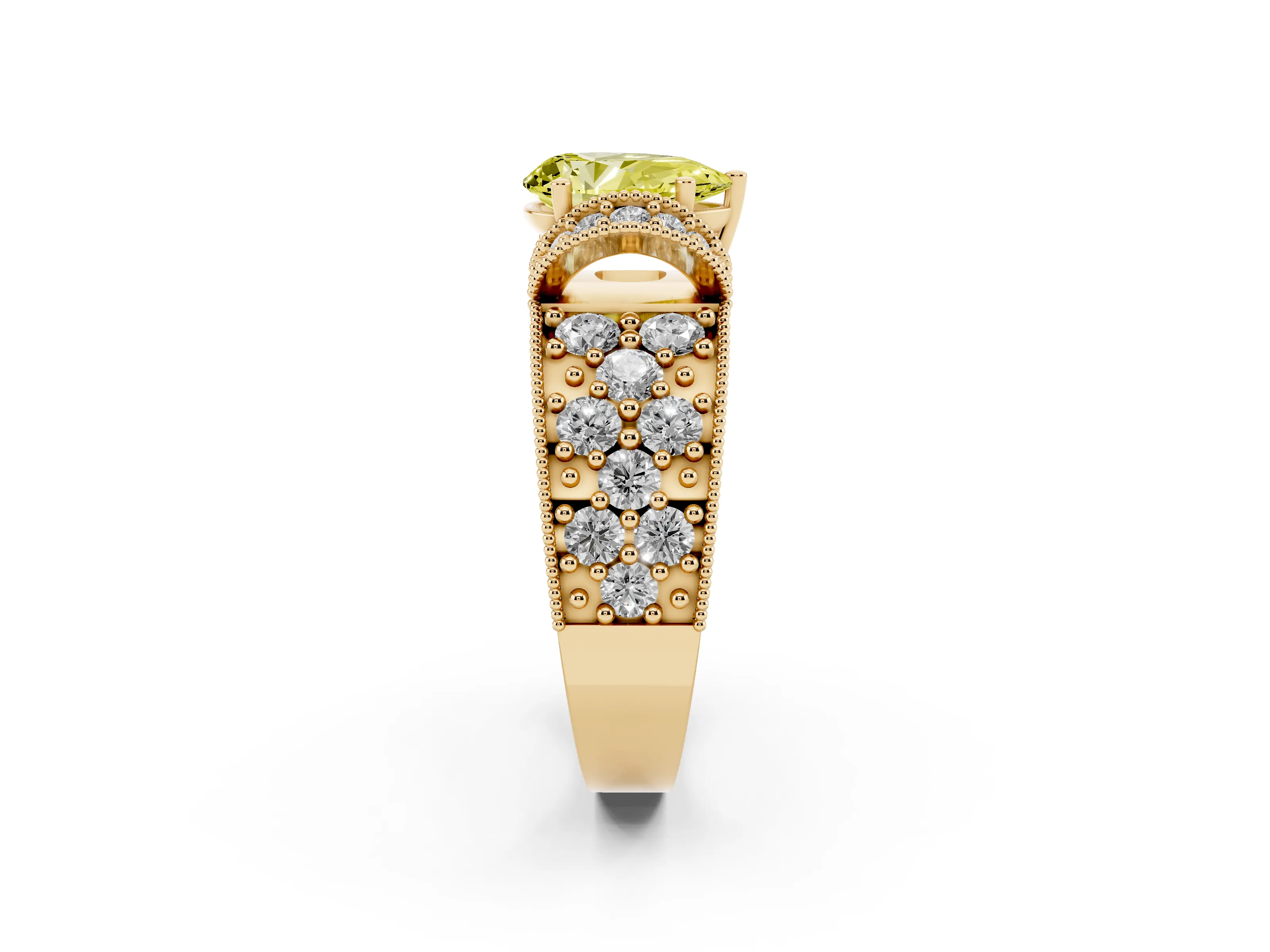 Fancy Yellow Pear Cut Diamond Milgrain Halo Pavé Engagement Ring Set in Yellow gold with Prong Setting