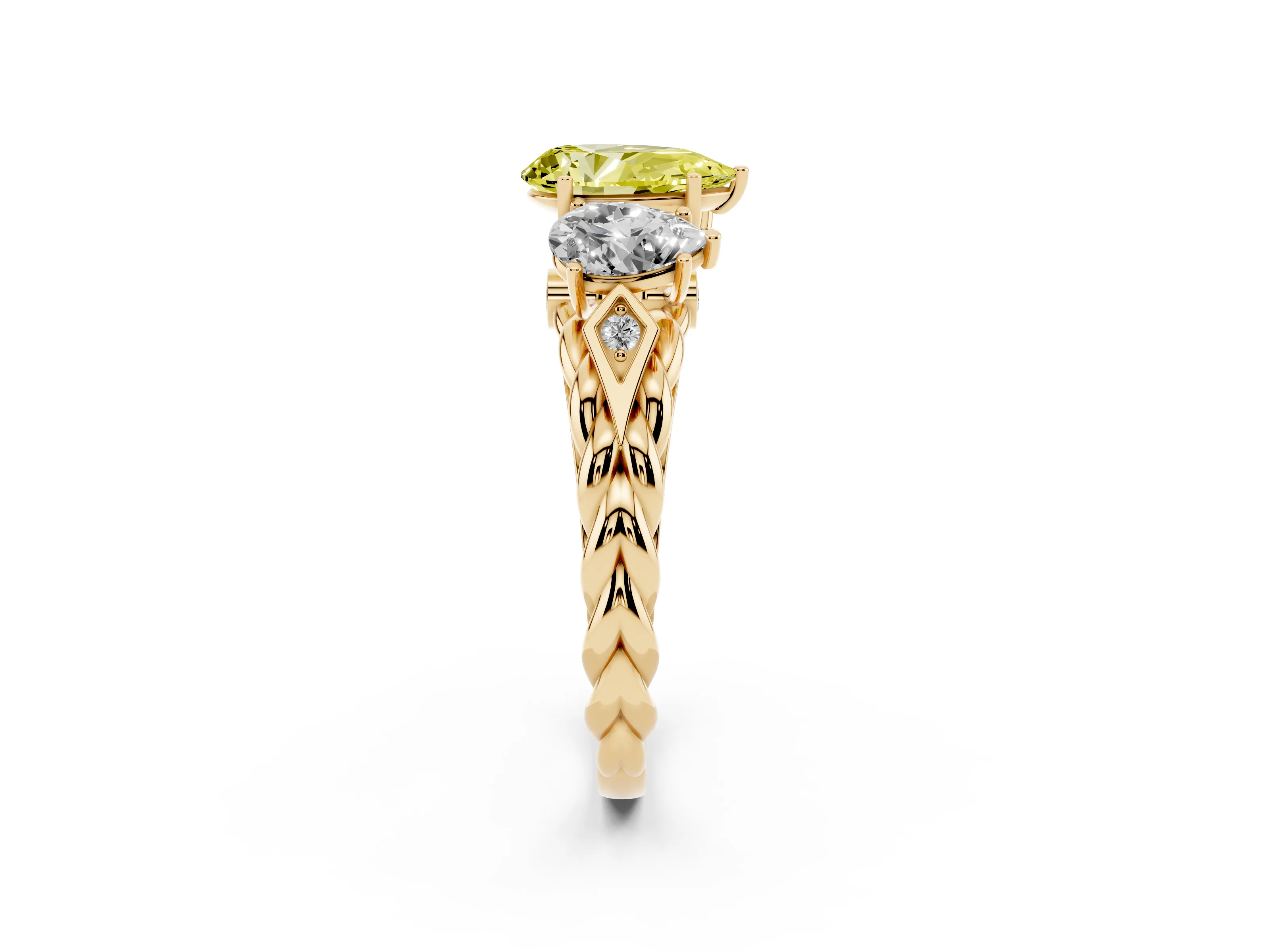 Fancy Yellow Pear Cut Diamond Three-Stone Ring Set in Yellow gold with Braided Band