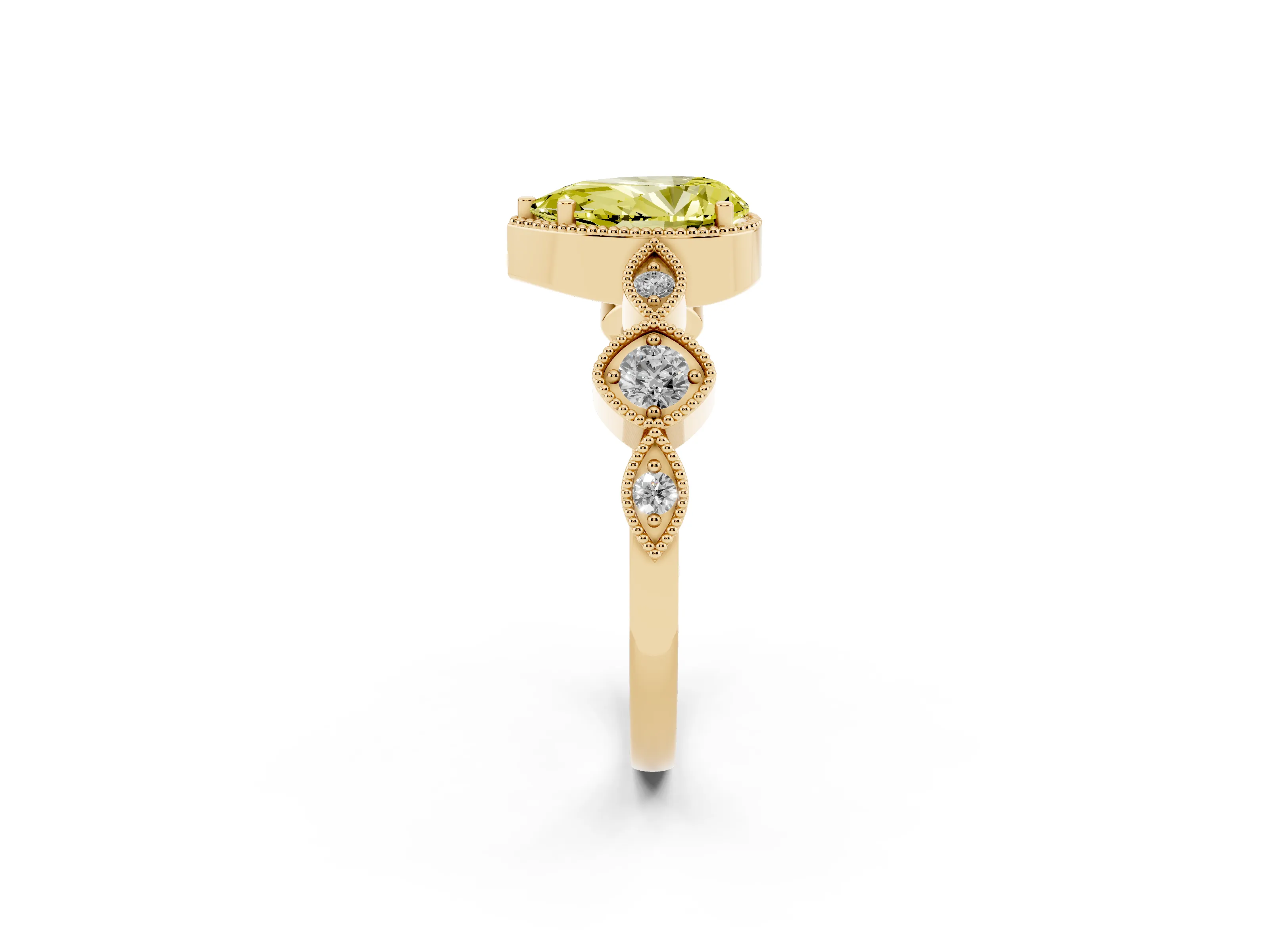 Fancy Yellow Pear Cut Diamond Vintage-Inspired Milgrain Ring Set in Yellow gold with Marquise Stations of Round Accents