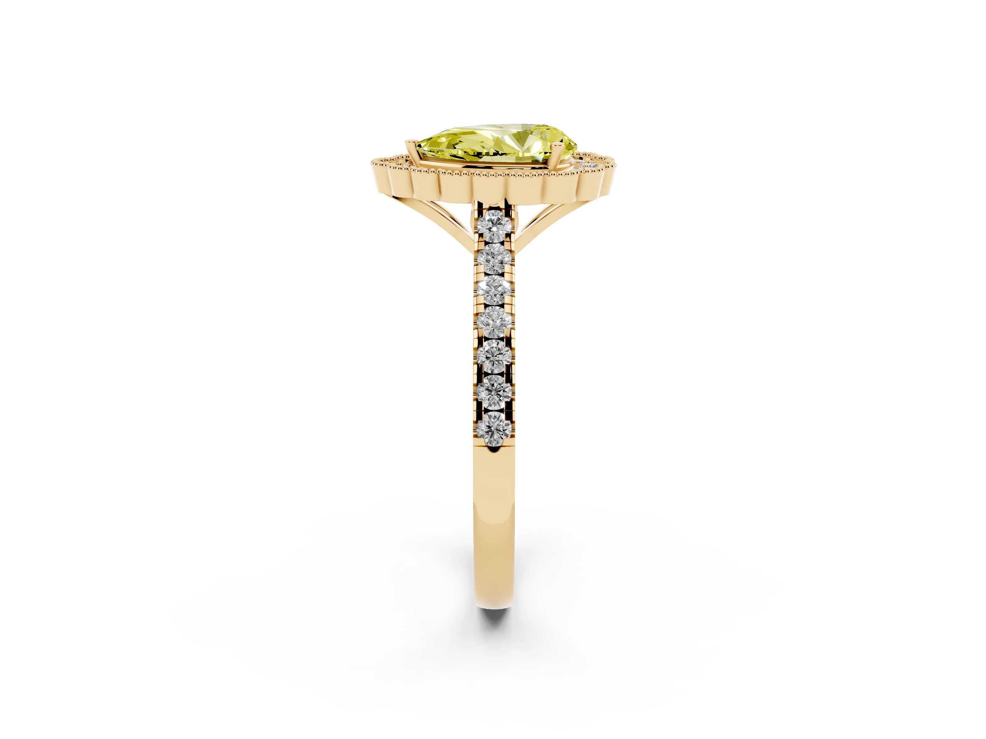 Fancy Yellow Pear Cut Diamond Milgrain Floral Halo Engagement Ring Set in Yellow gold with Pavé Band