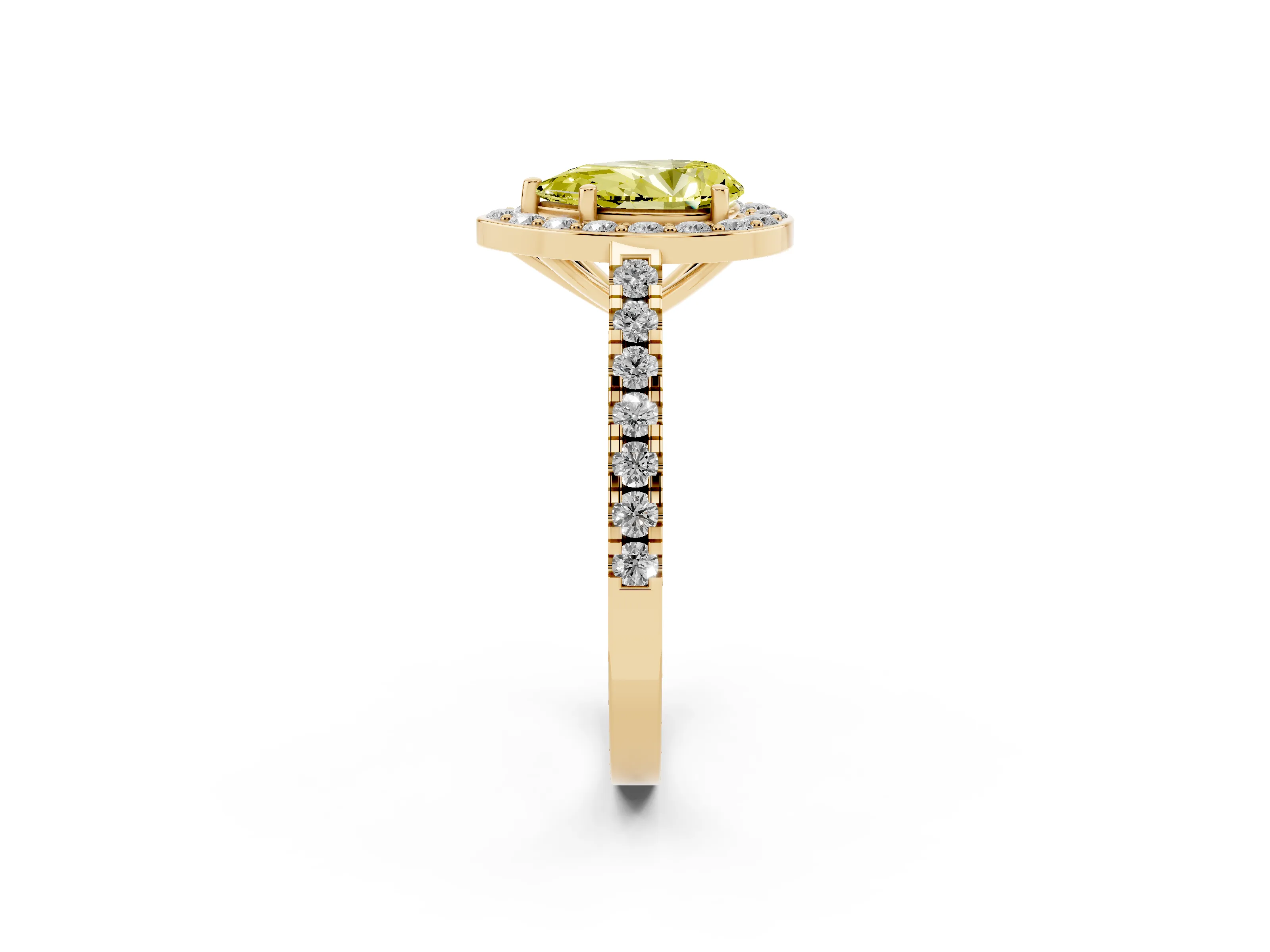 Fancy Yellow Pear Cut Diamond Halo Ring Set in Yellow gold with Round Pavé Split Shank and Prong Setting