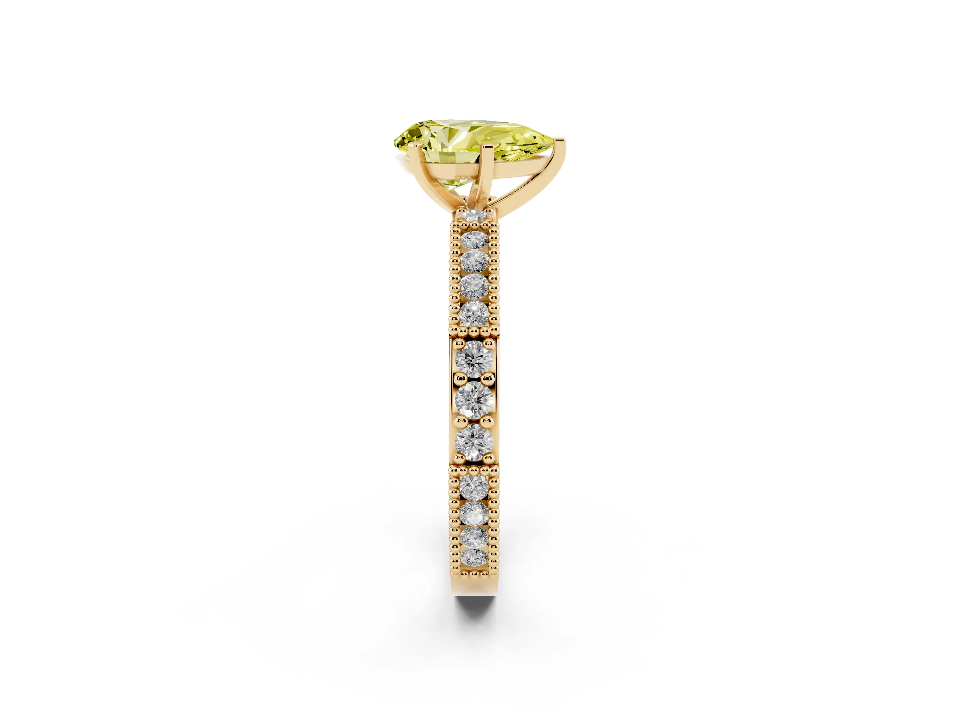 Fancy Yellow Pear Cut Diamond Solitaire Ring Set in Yellow gold with Slim Pavé Band and Prong Setting