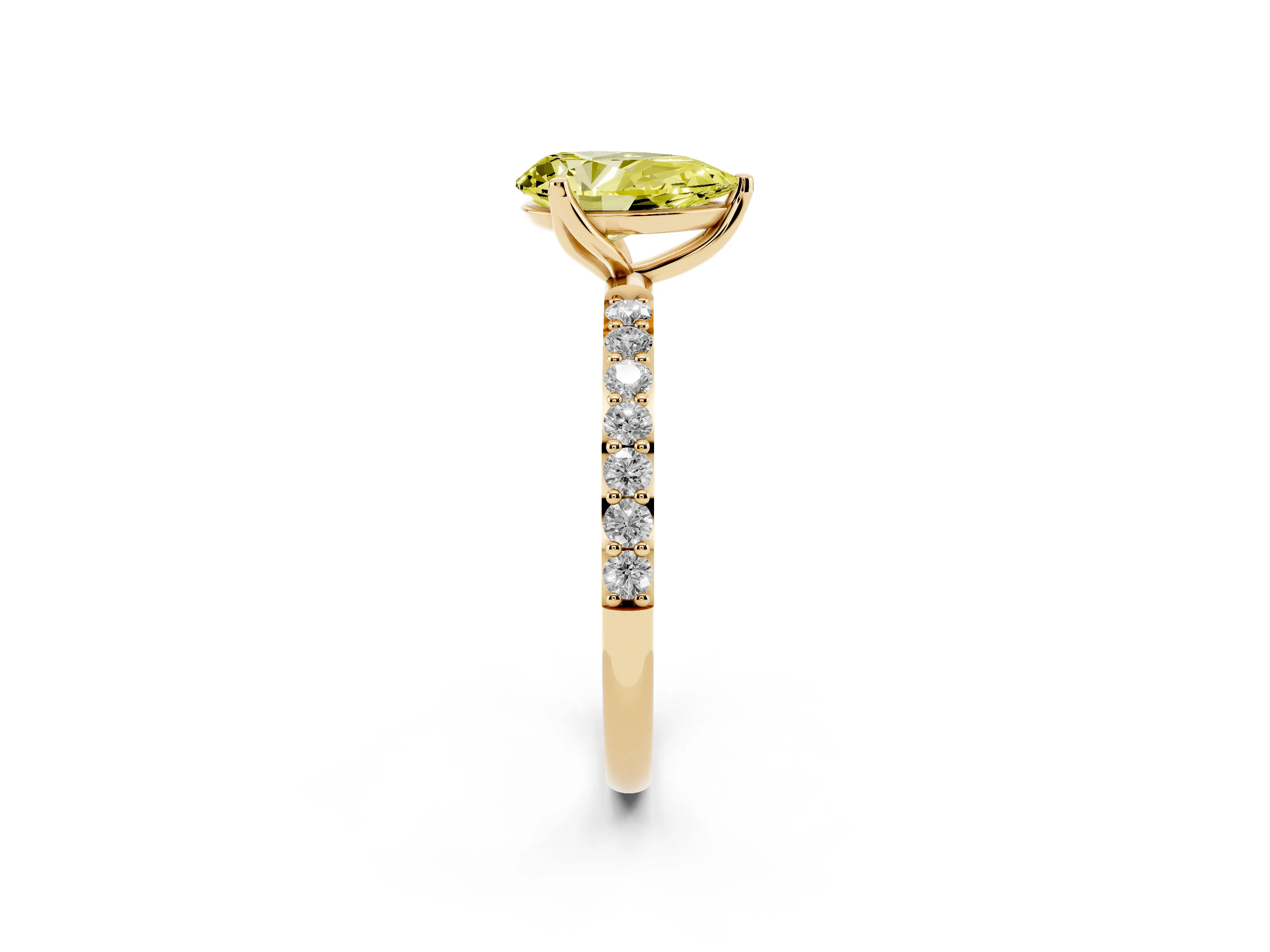 Fancy Yellow Pear Cut Diamond Solitaire Engagement Ring Set in Yellow gold with Round Pavé Band and Prong Setting