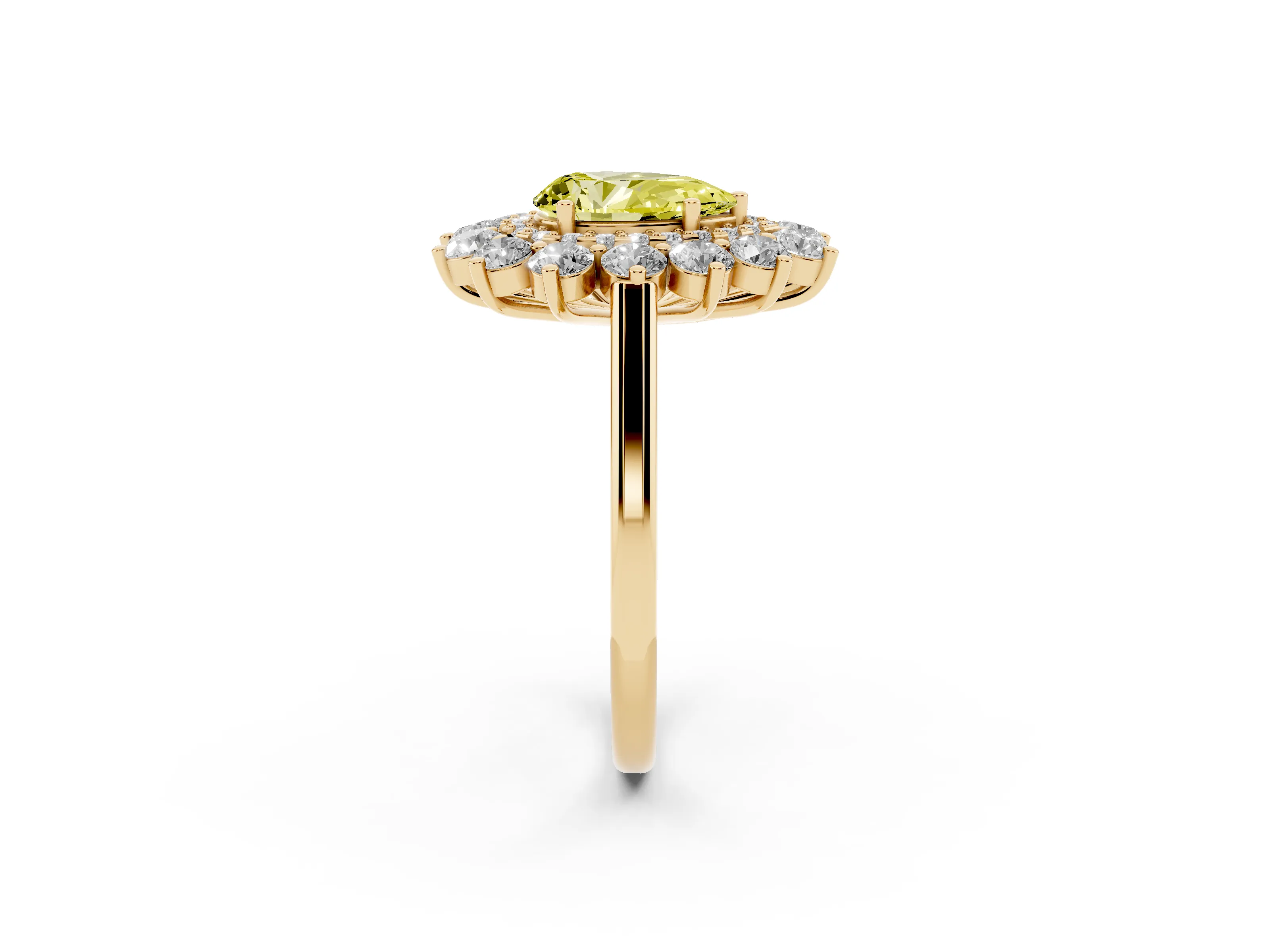 Fancy Yellow Pear Cut Diamond Floral Double Halo Ring Set in Yellow gold with Round Petals