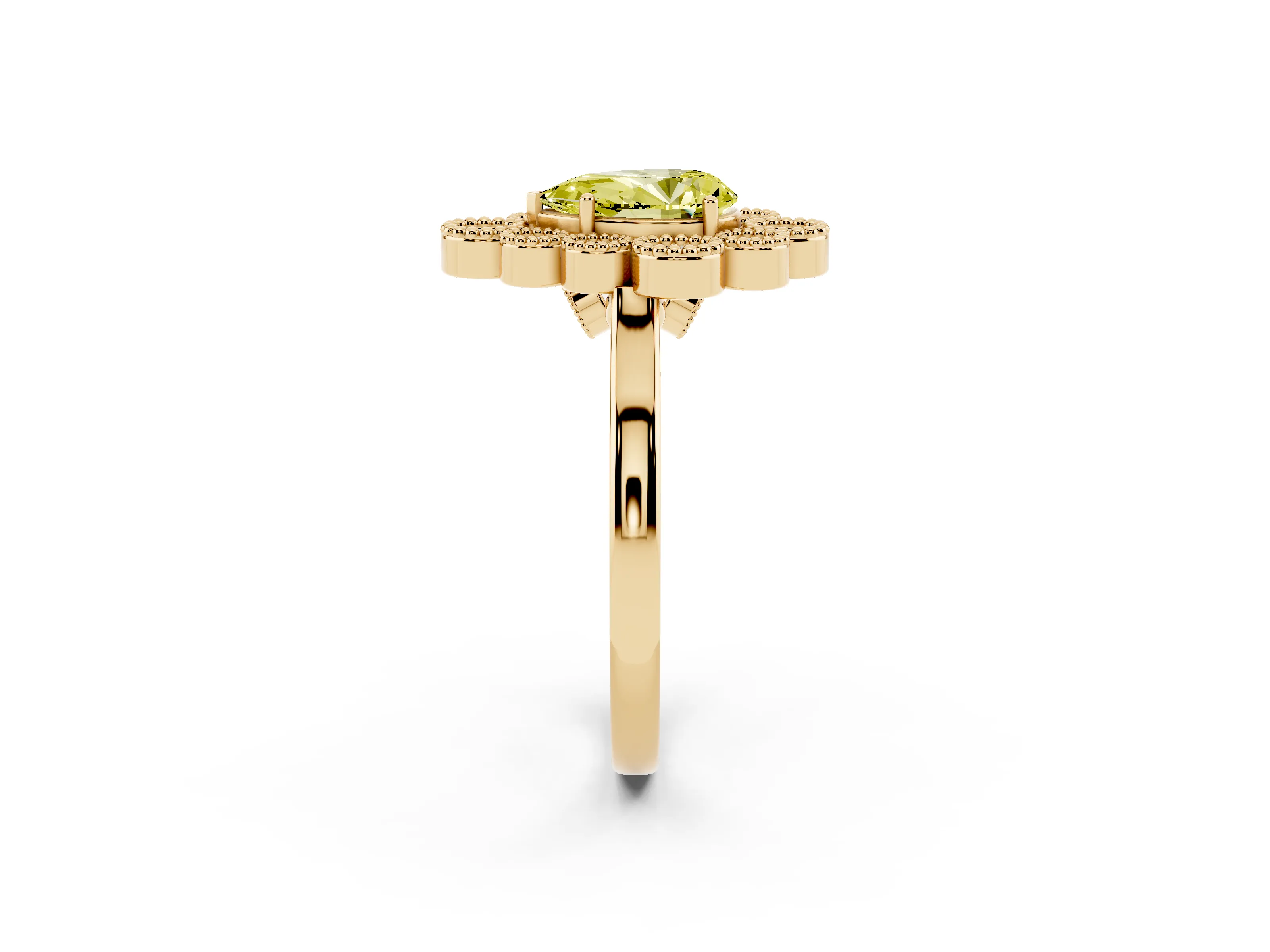 Fancy Yellow Pear Cut Diamond Cluster Halo Ring Set in Yellow gold with Milgrain Bezel Accents and Plain Band