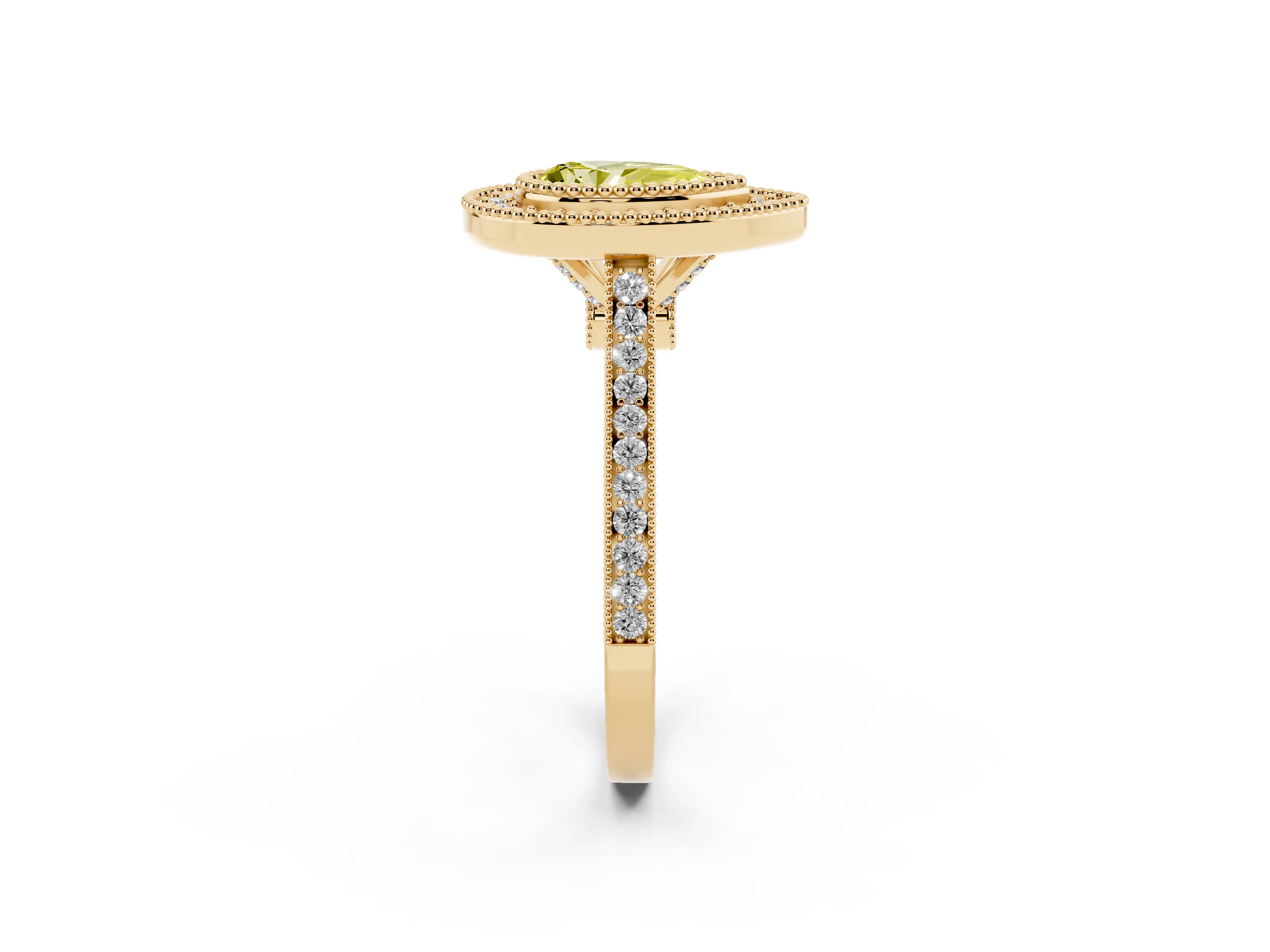 Fancy Yellow Pear Cut Diamond Halo Ring Set in Yellow gold with Milgrain Frame and Pavé Band