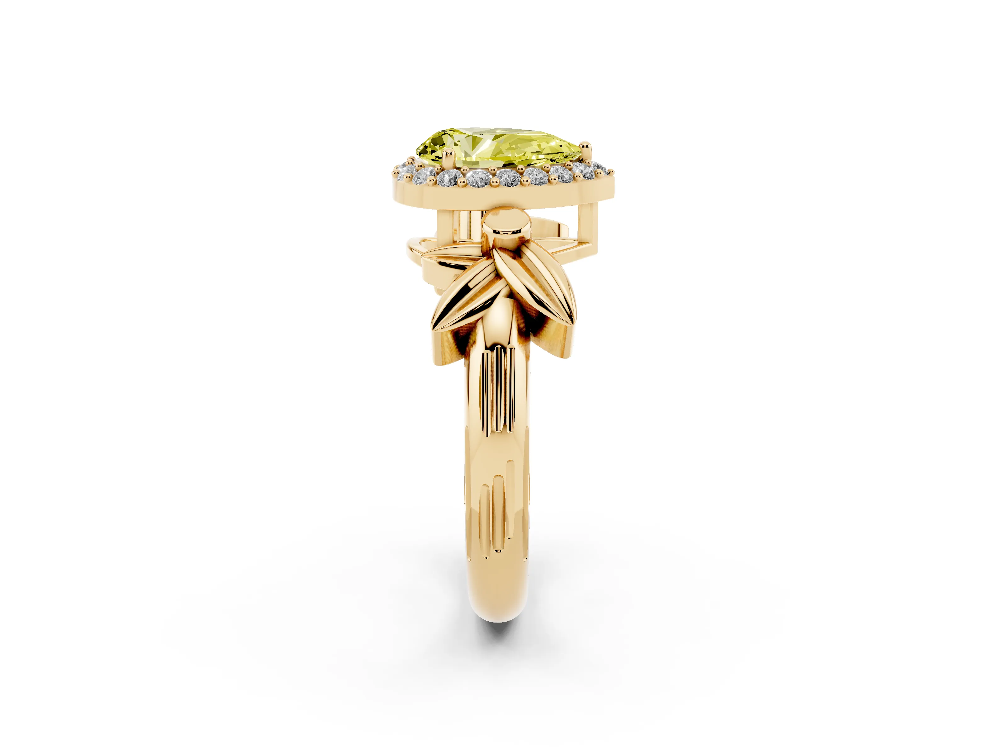 Fancy Yellow Pear Cut Diamond Halo Floral Band Ring Set in Yellow gold with Prong Setting