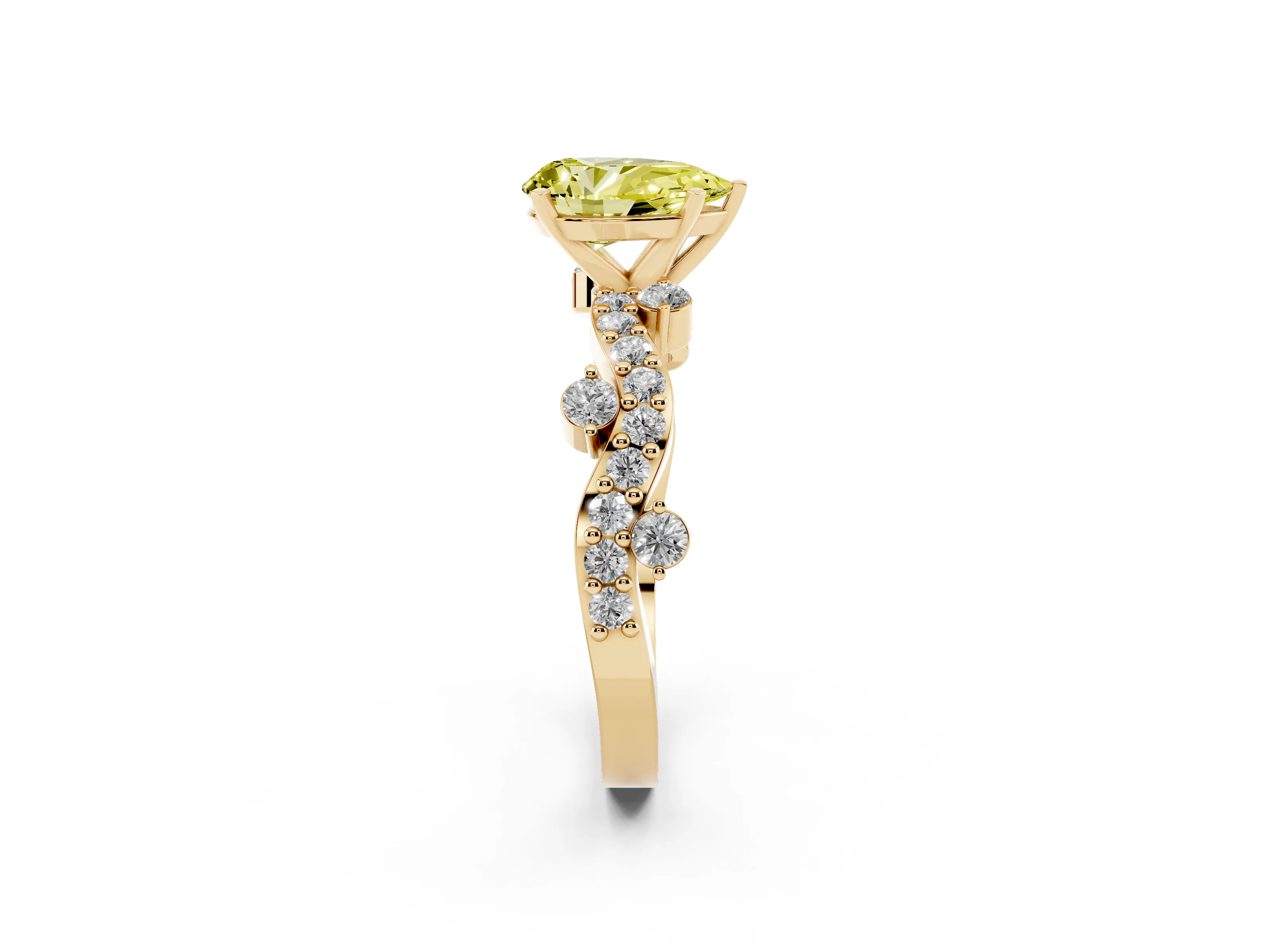 Fancy Yellow Pear Cut Diamond Solitaire Twisted Band Set in Yellow gold with Pavé Setting