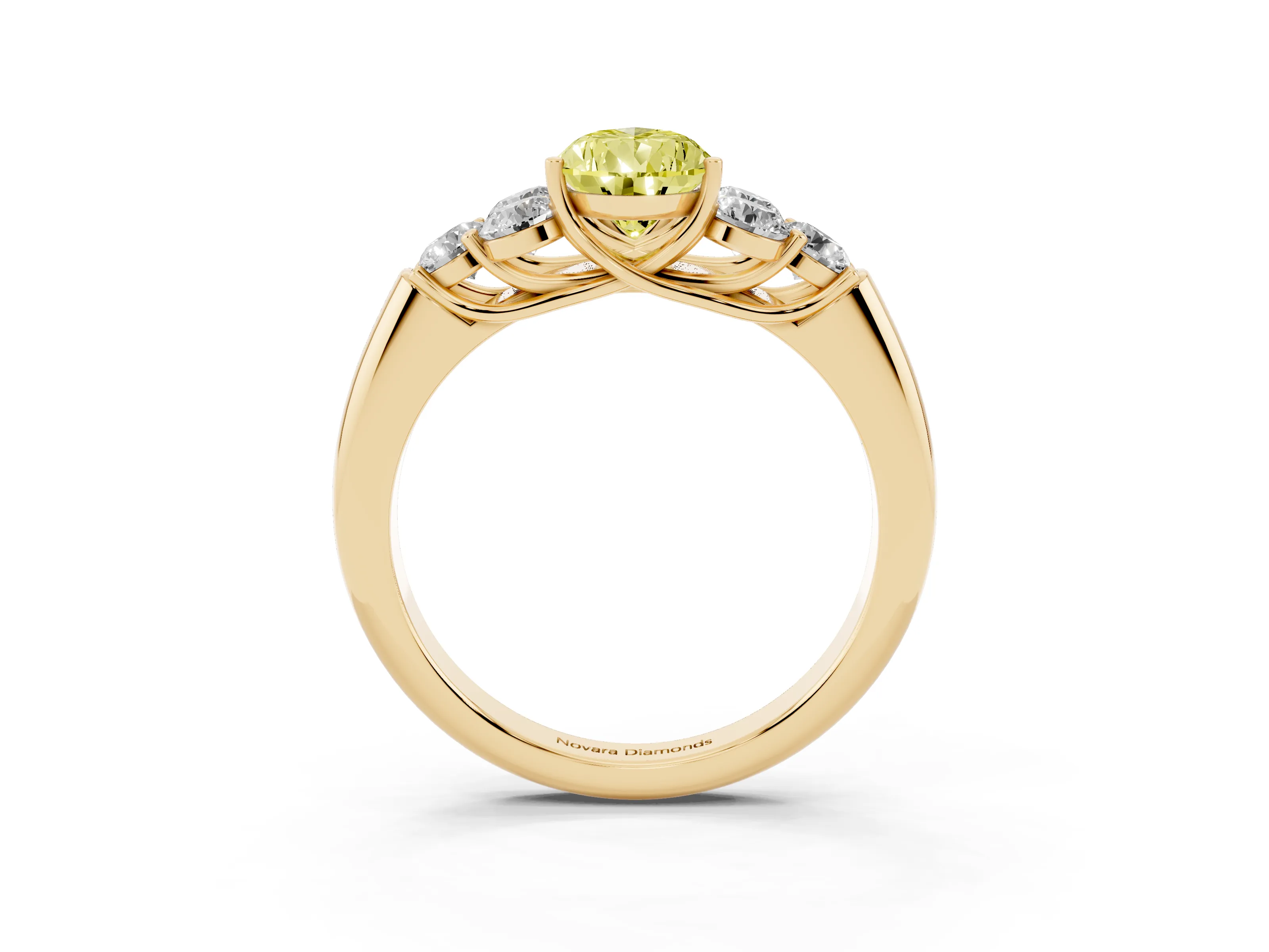 Fancy Yellow Pear Cut Diamond Cluster Ring Set in Yellow gold with Round Accent Stones and Prong Setting on a Plain Band