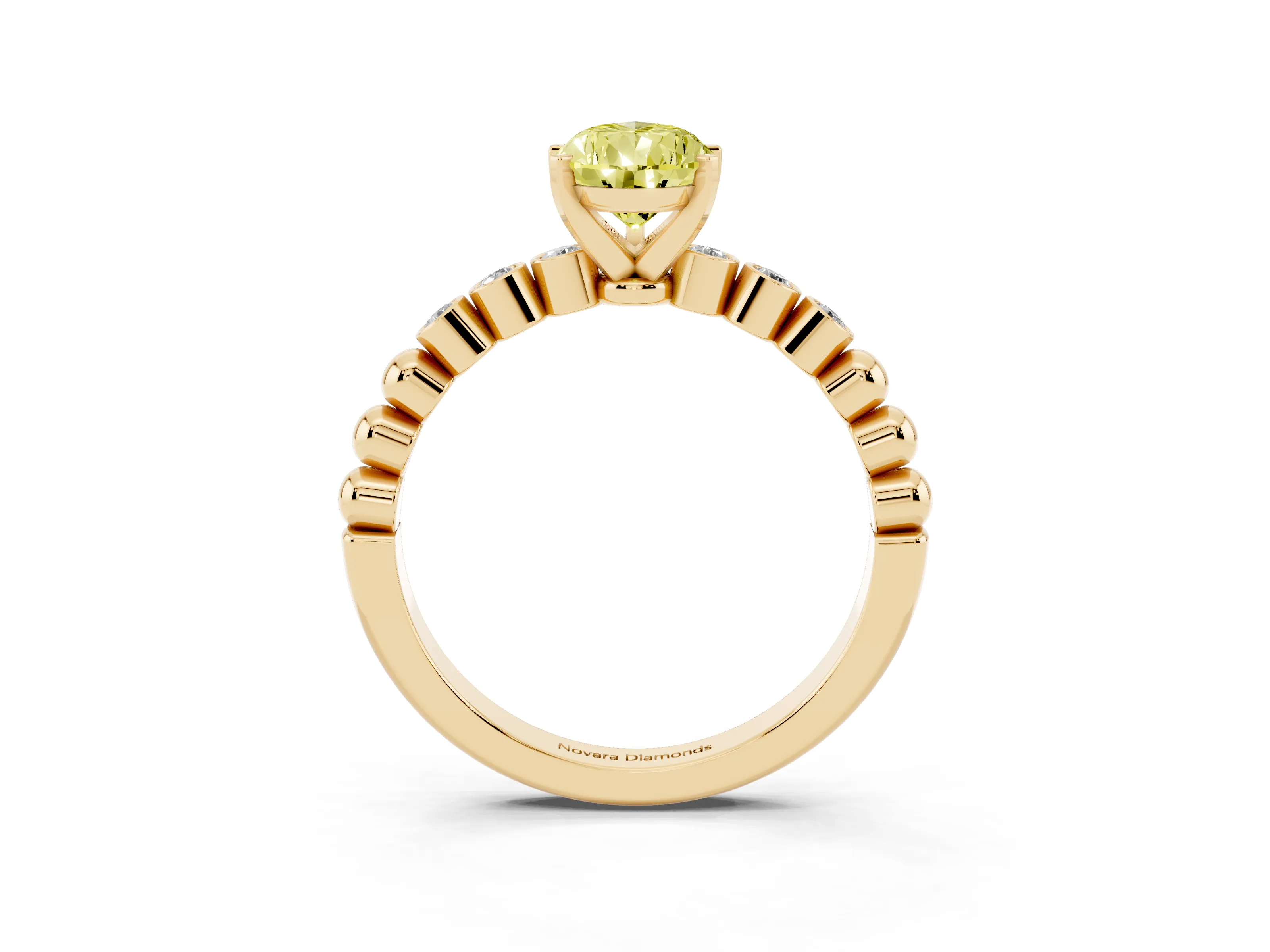 Fancy Yellow Pear Cut Diamond Solitaire Engagement Ring Set in Yellow gold with Bezel Accents on Beaded Band