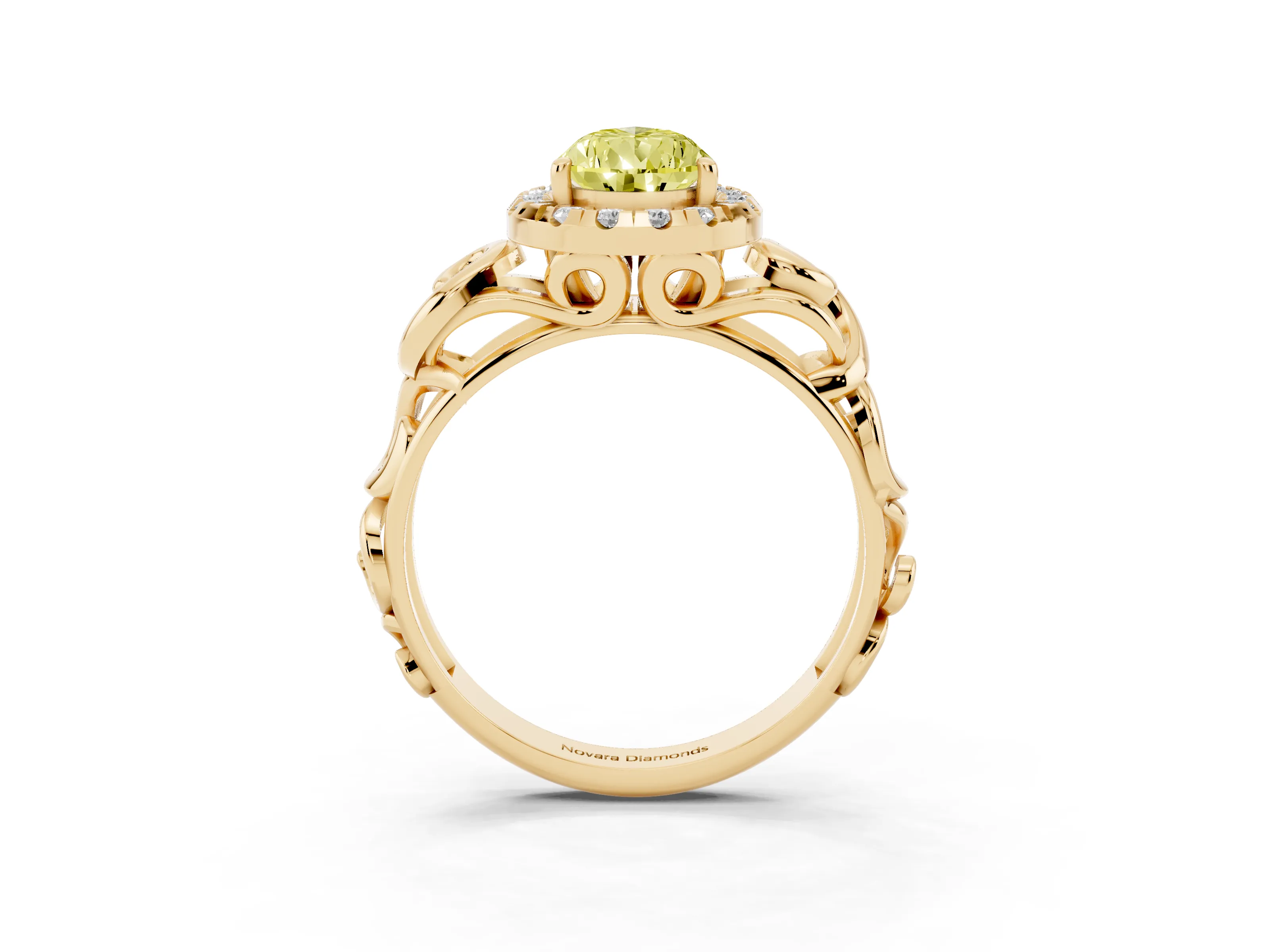 Fancy Yellow Pear Cut Diamond Halo Ring Set in Yellow gold with Scrollwork Band and Prong Setting