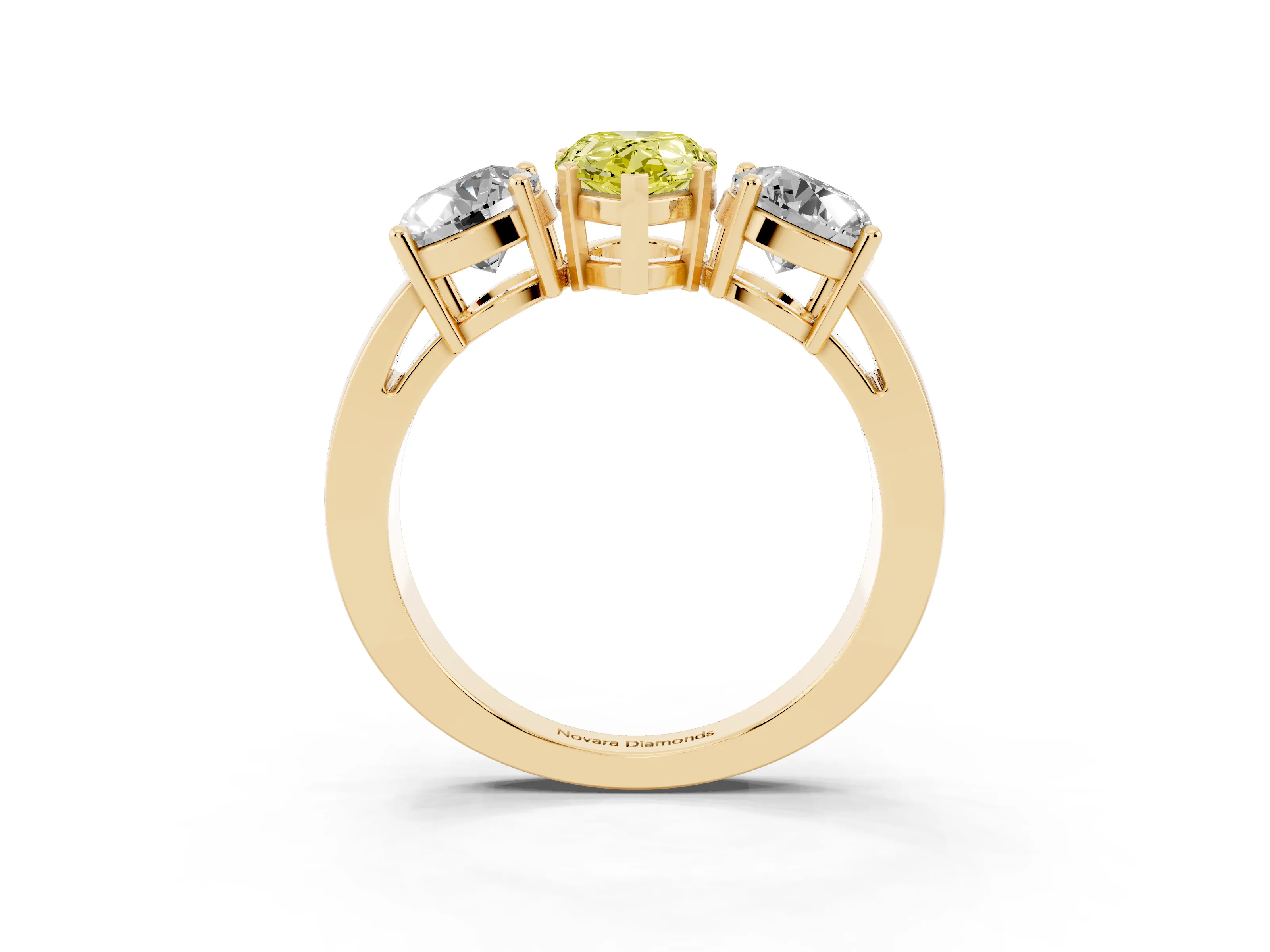 Fancy Yellow Pear Cut Diamond Three-Stone Ring Set in Yellow gold with Round Side Stones and Classic Band