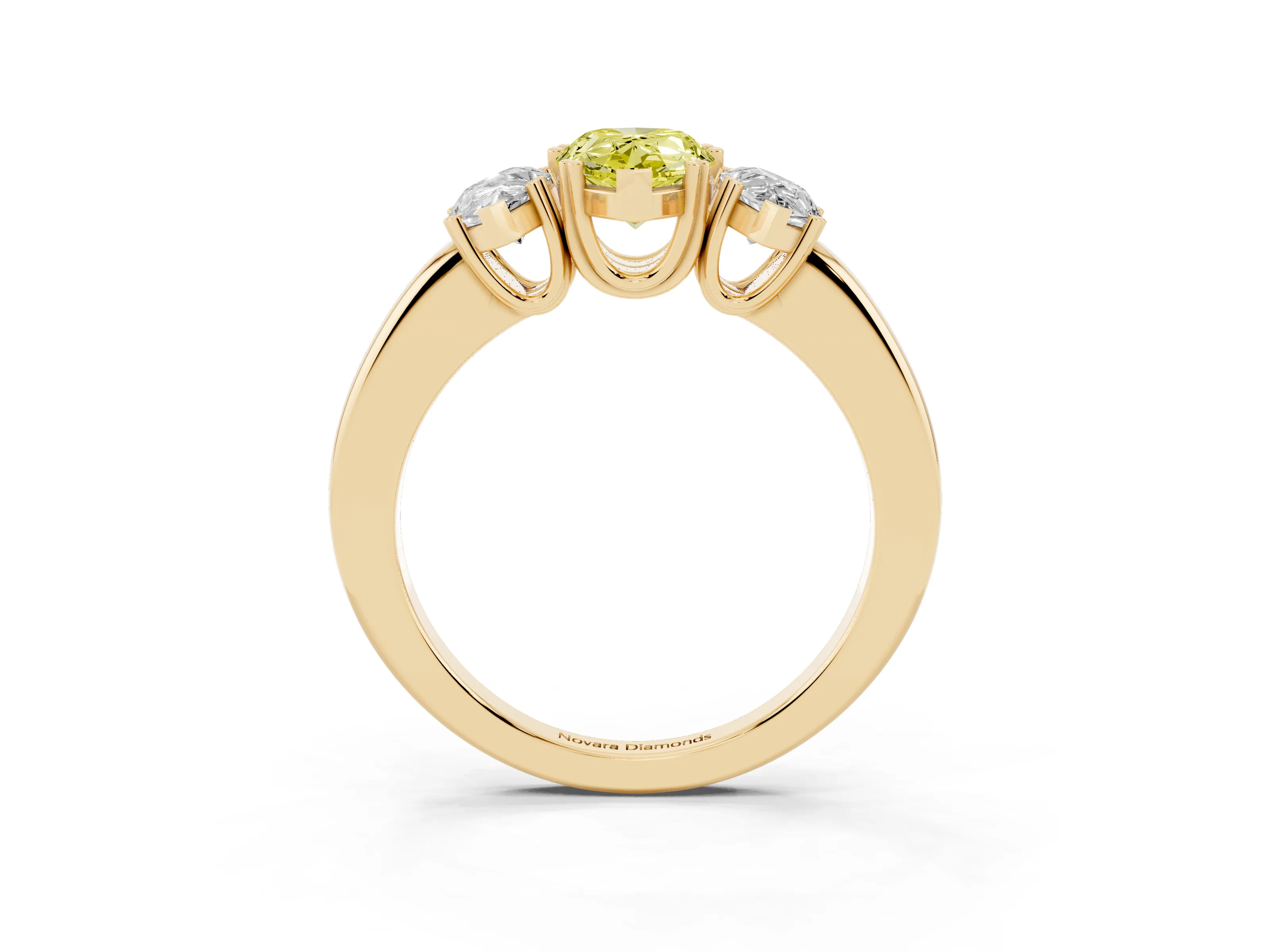Fancy Yellow Pear Cut Diamond Three-Stone Ring Set in Yellow gold with Polished Channel-Set Band