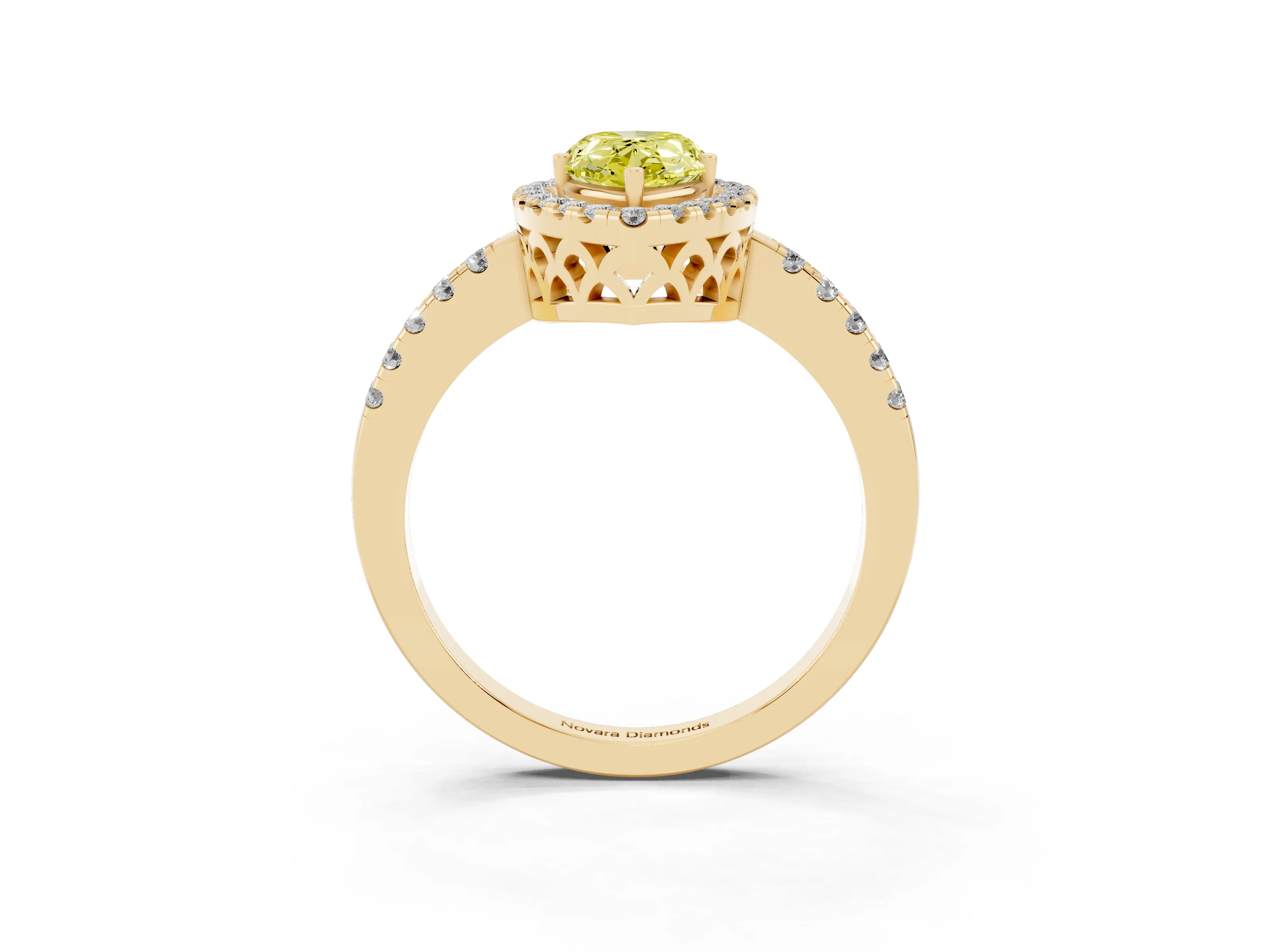 Fancy Yellow Pear Cut Diamond Pavé Band Halo Engagement Ring Set in Yellow gold with Prong Setting