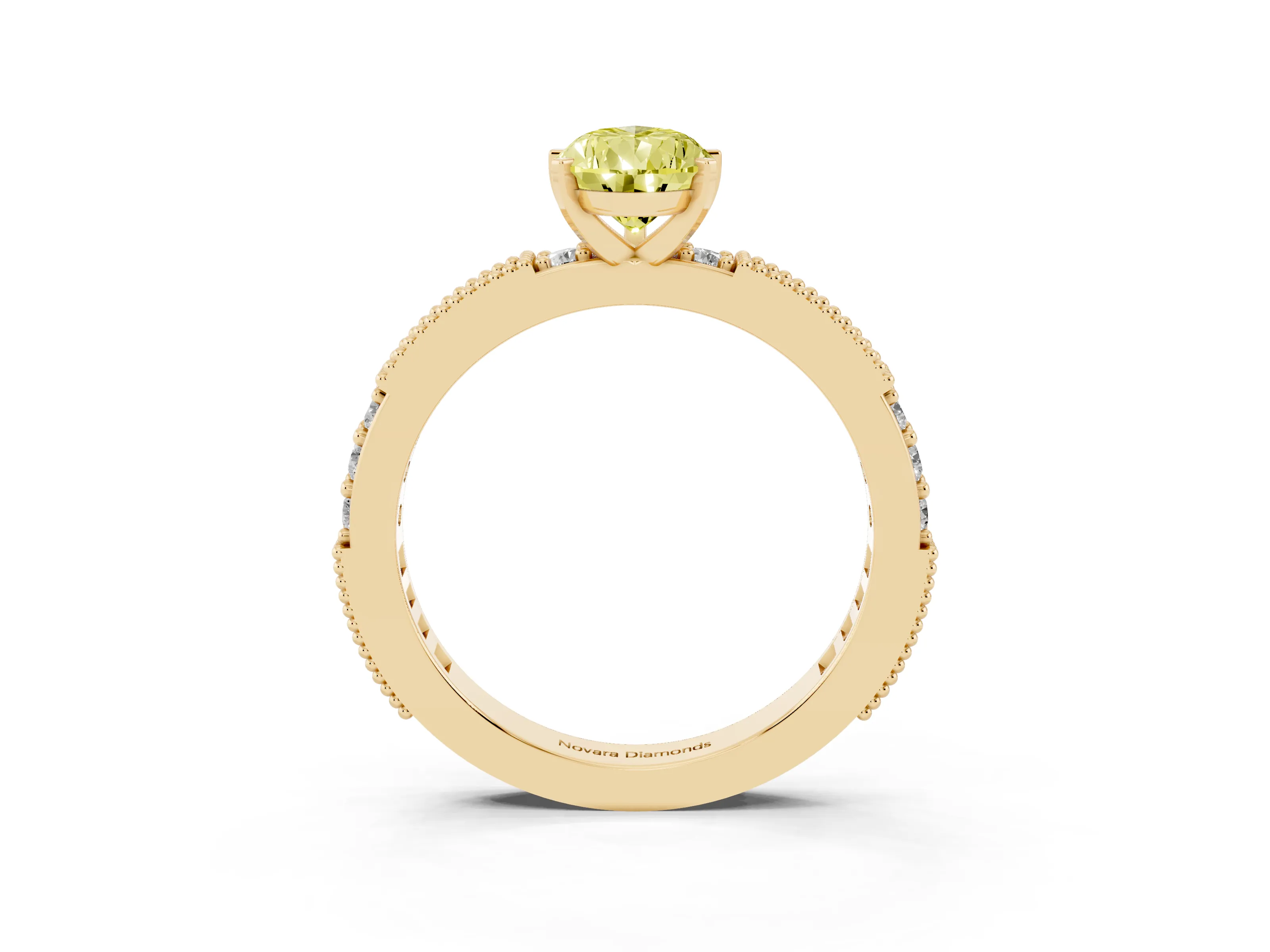 Fancy Yellow Pear Cut Diamond Solitaire Ring Set in Yellow gold with Slim Pavé Band and Prong Setting