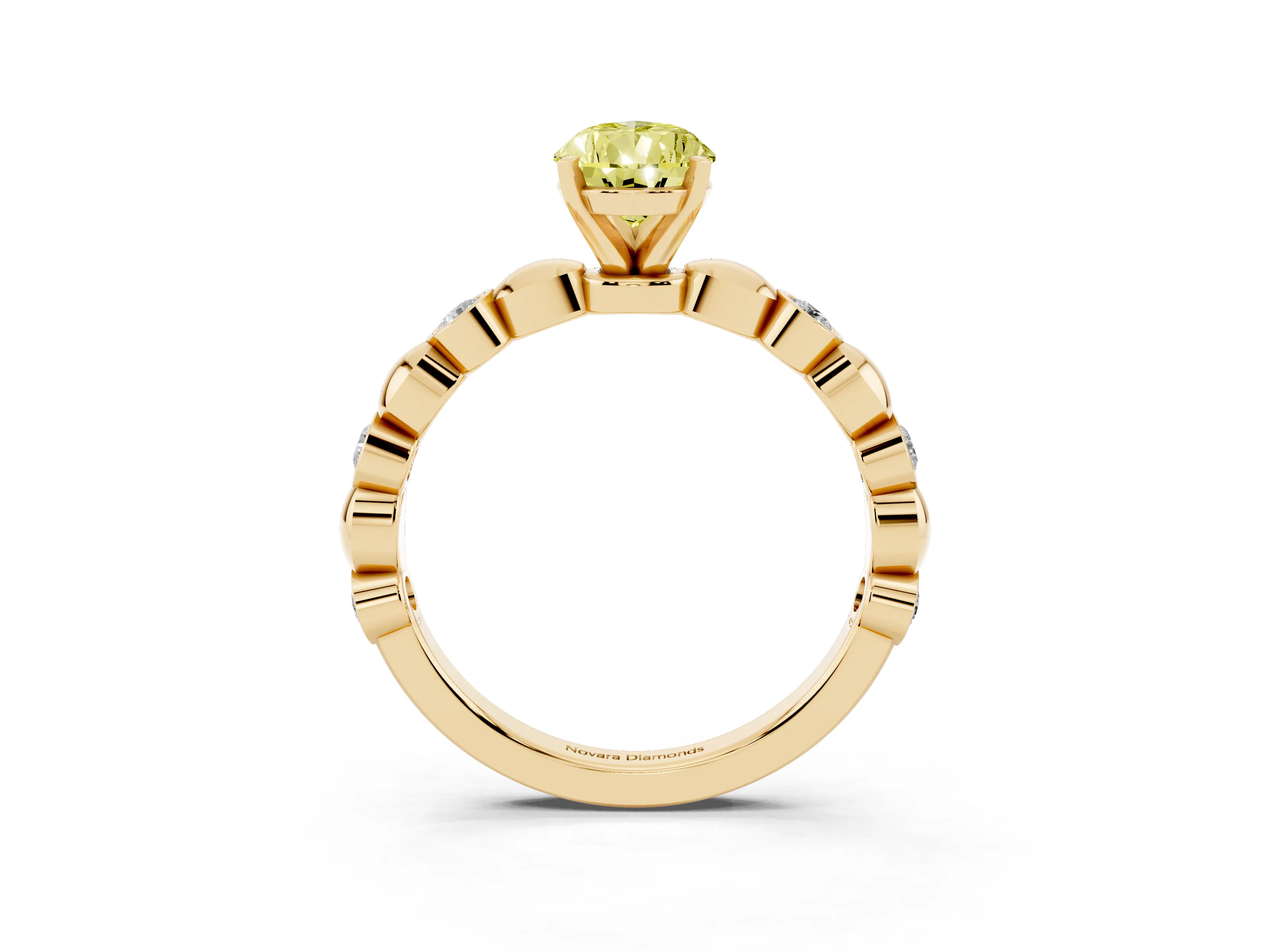 Fancy Yellow Pear Cut Diamond Solitaire Ring Set in Yellow gold with Bezel-Set Accents on Beaded Band and Prong Setting