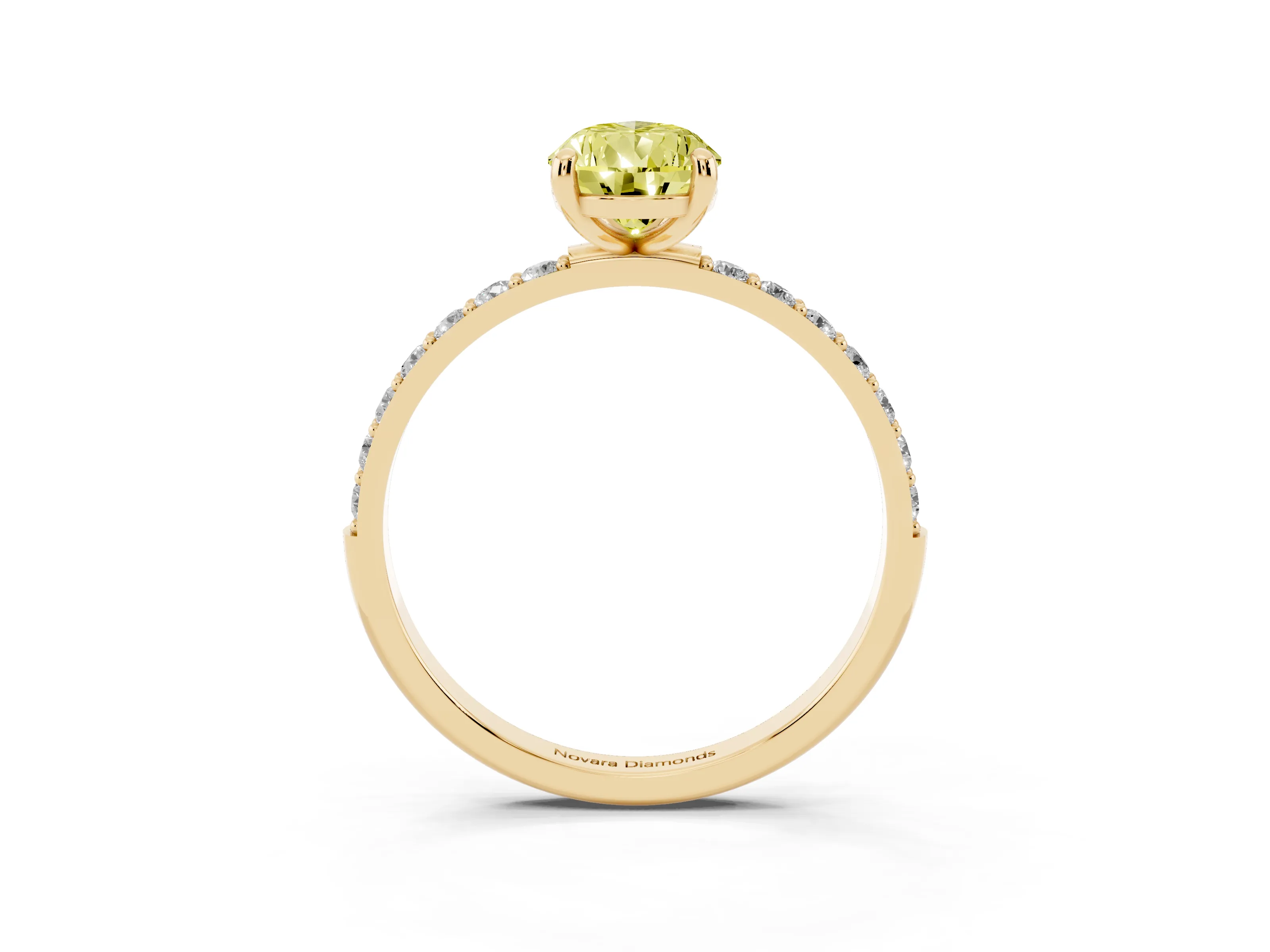 Fancy Yellow Pear Cut Diamond Solitaire Ring Set in Yellow gold with Round Pavé Band and Prong Setting