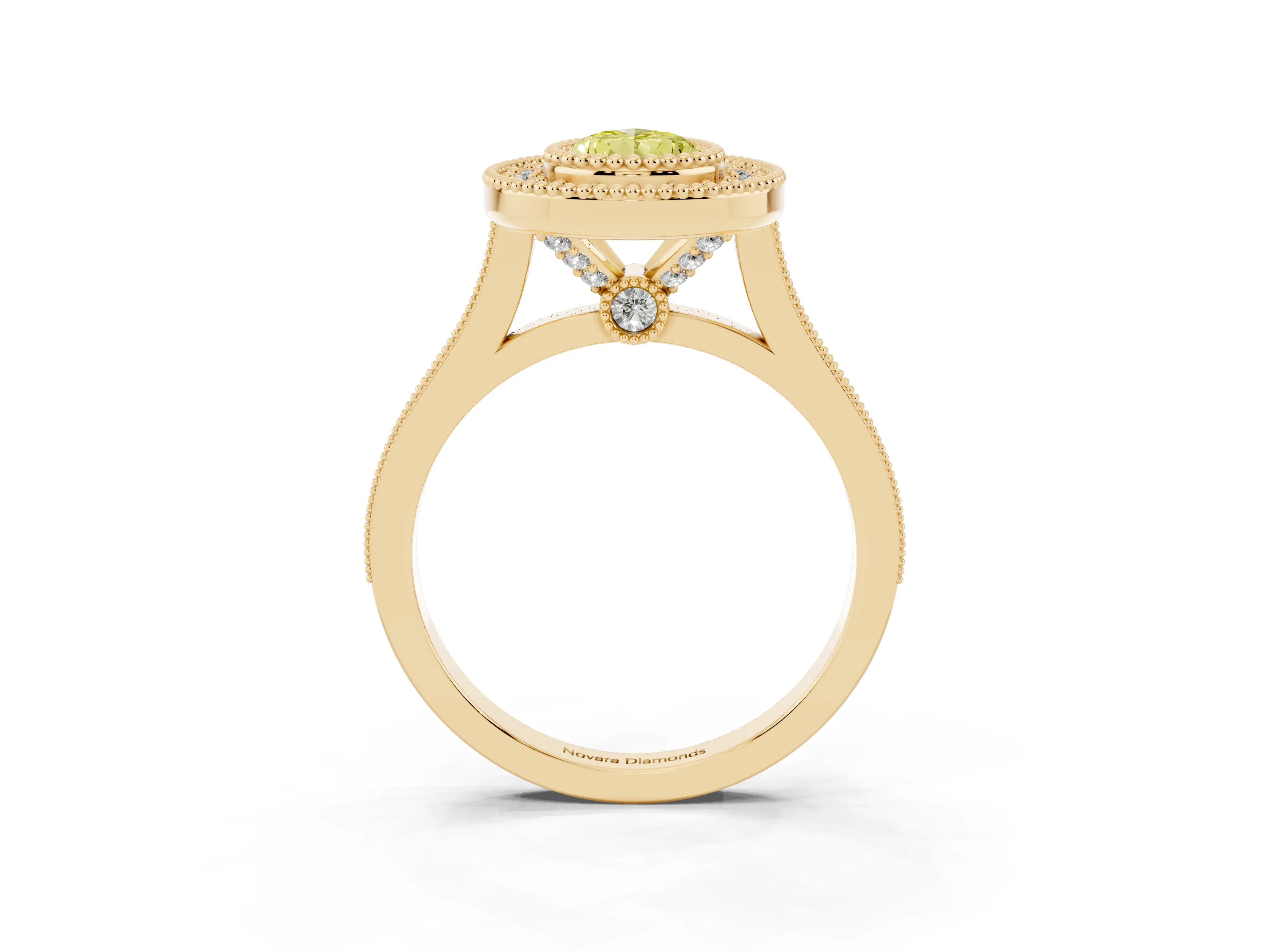 Fancy Yellow Pear Cut Diamond Halo Ring Set in Yellow gold with Milgrain Frame and Pavé Band