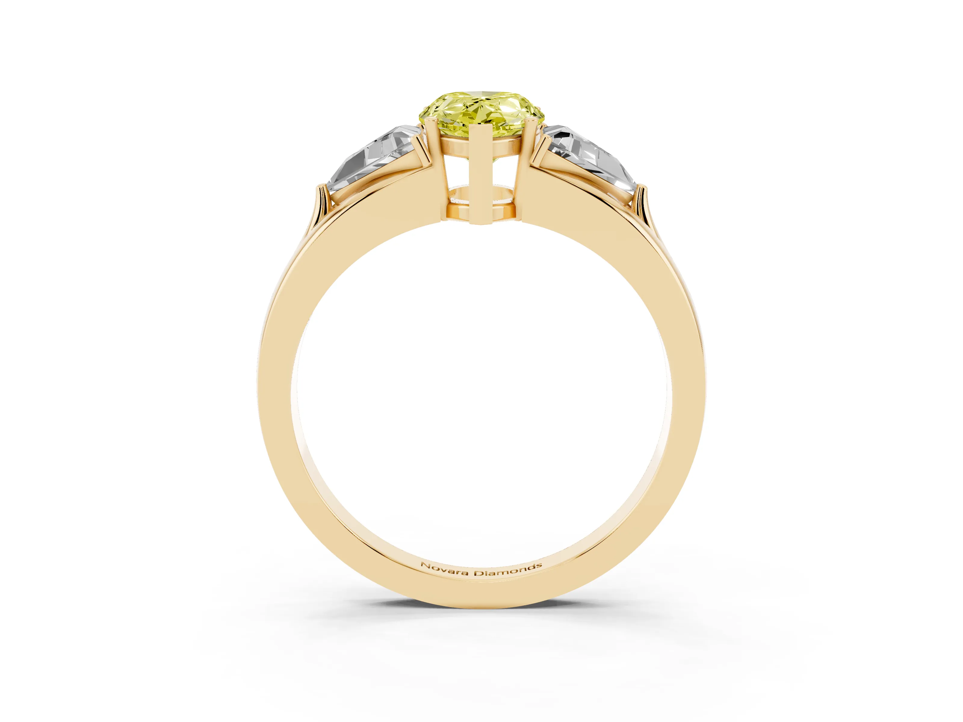 Fancy Yellow Pear Cut Diamond Three-Stone Ring Set in Yellow gold with Trillion Side Stones and Split Shank