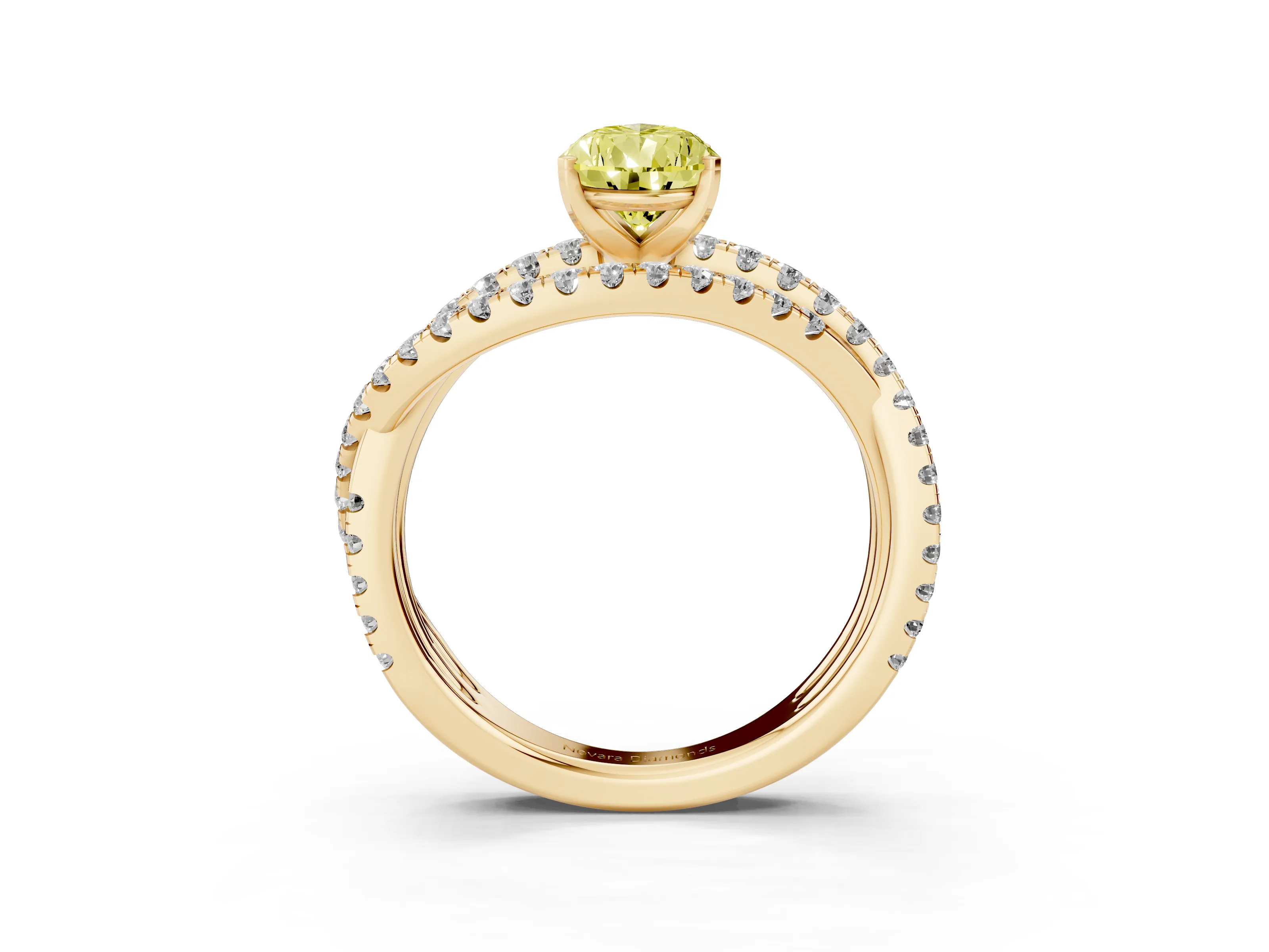 Fancy Yellow Pear Cut Diamond Solitaire Twist Band Ring Set in Yellow gold with Pavé Setting and Prong Head