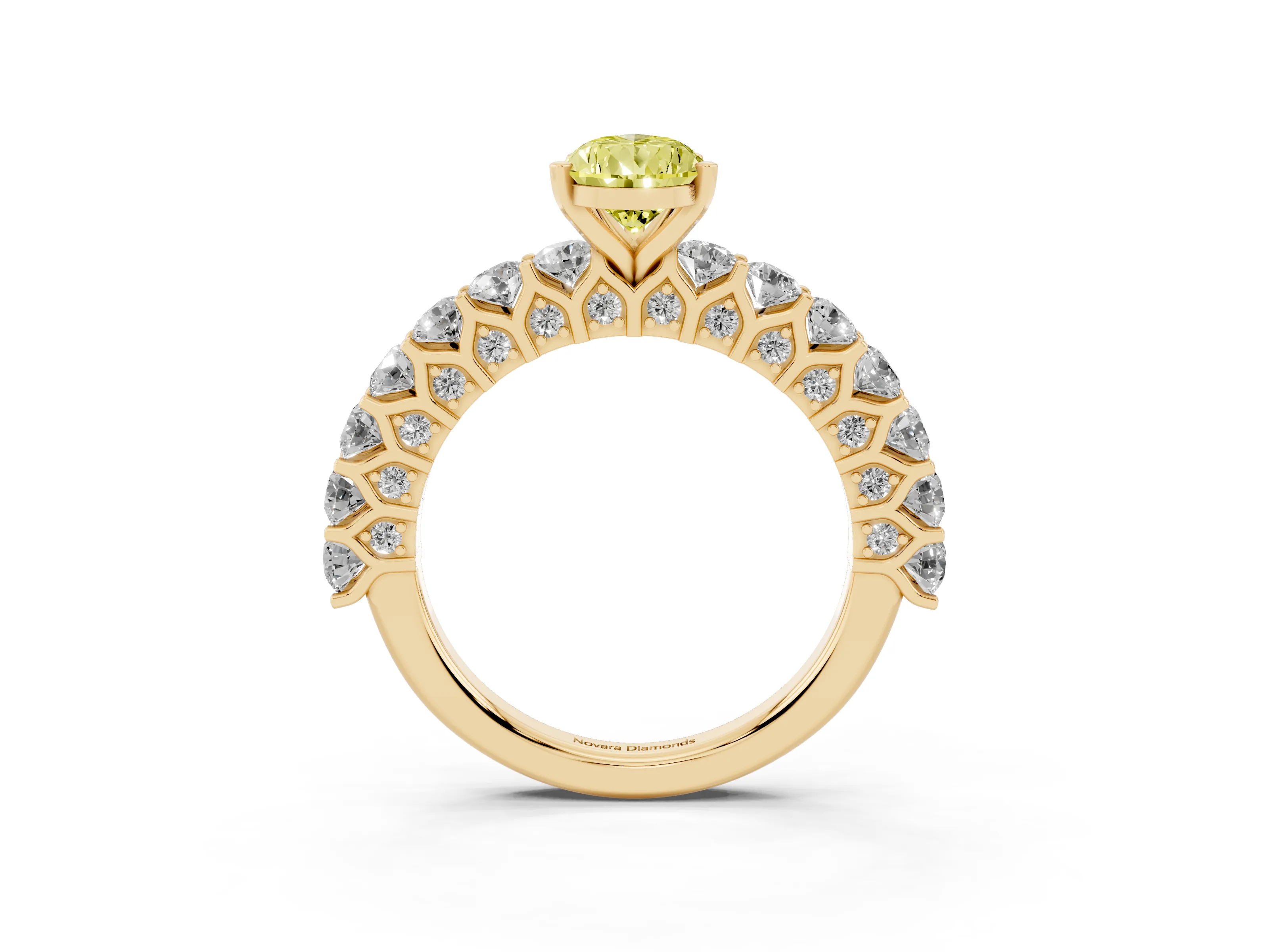 Fancy Yellow Pear Cut Diamond Solitaire Ring Set in Yellow gold with Shared Prong Pavé Band