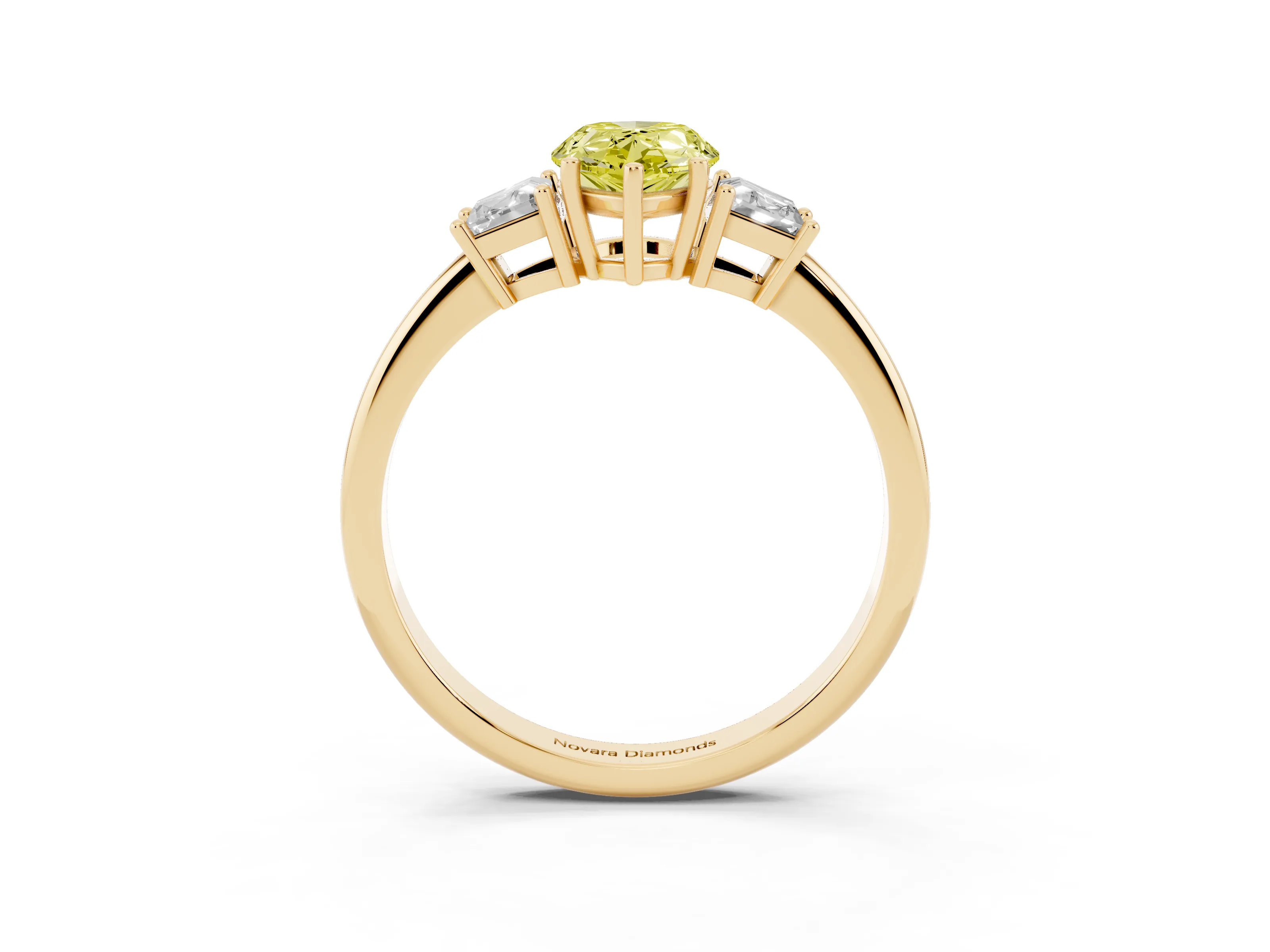 Fancy Yellow Pear Cut Diamond Three-Stone Ring Set in Yellow gold with Trapezoid Side Stones and Prong Setting