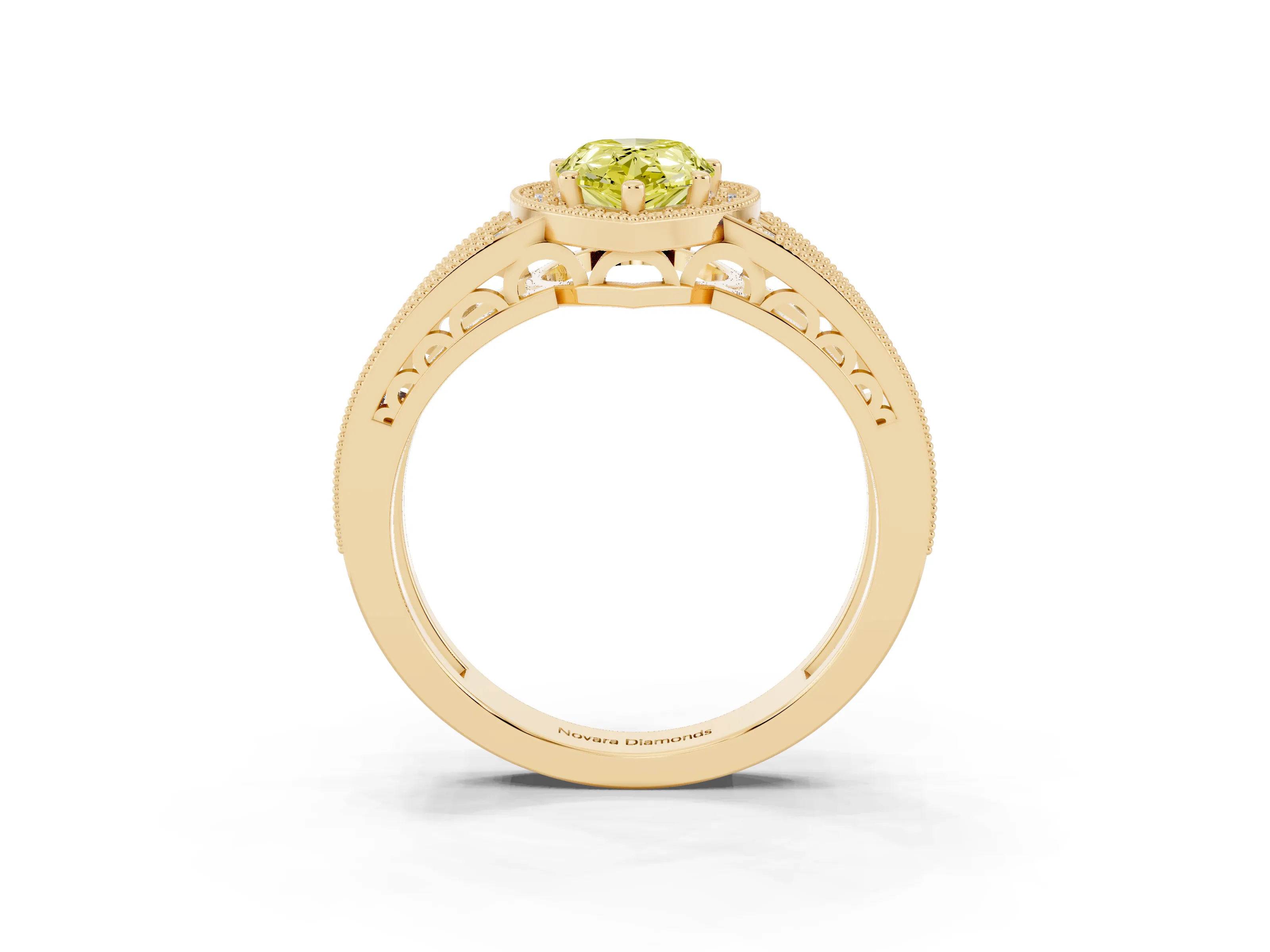 Fancy Yellow Pear Cut Diamond Halo Ring Set in Yellow gold with Accent Split Shank and Prong Setting