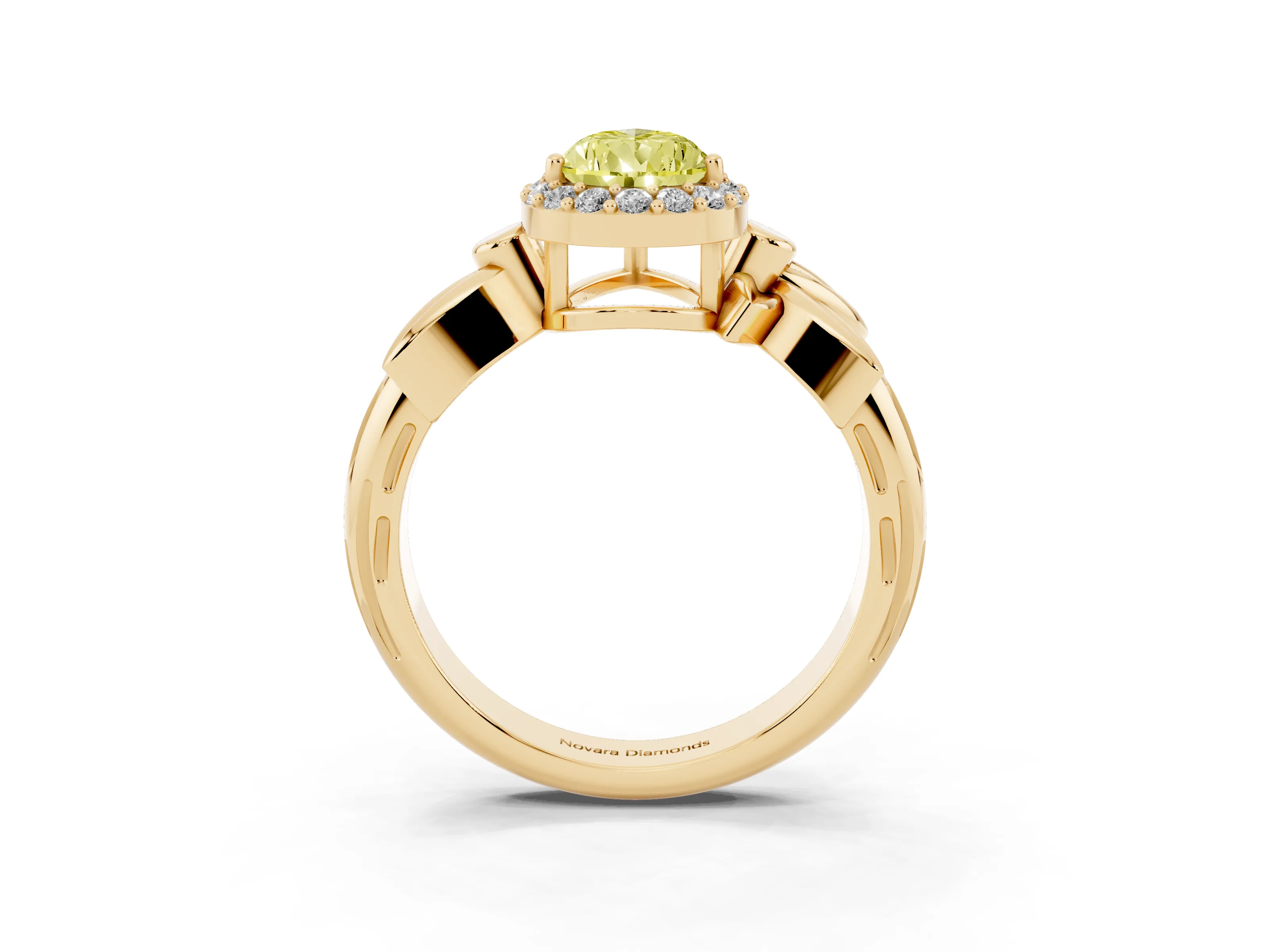 Fancy Yellow Pear Cut Diamond Halo Floral Band Ring Set in Yellow gold with Prong Setting