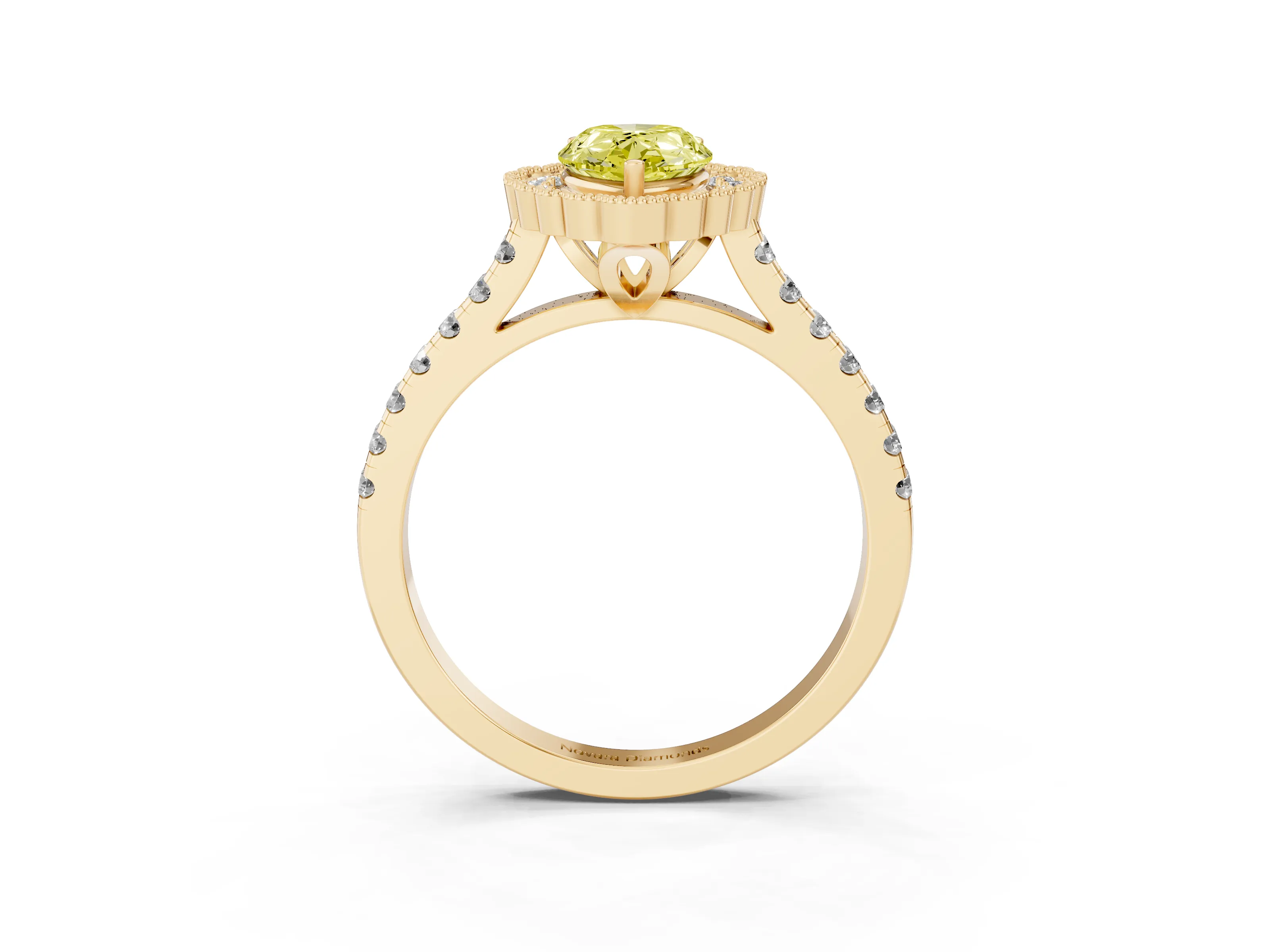 Fancy Yellow Pear Cut Diamond Milgrain Floral Halo Engagement Ring Set in Yellow gold with Pavé Band