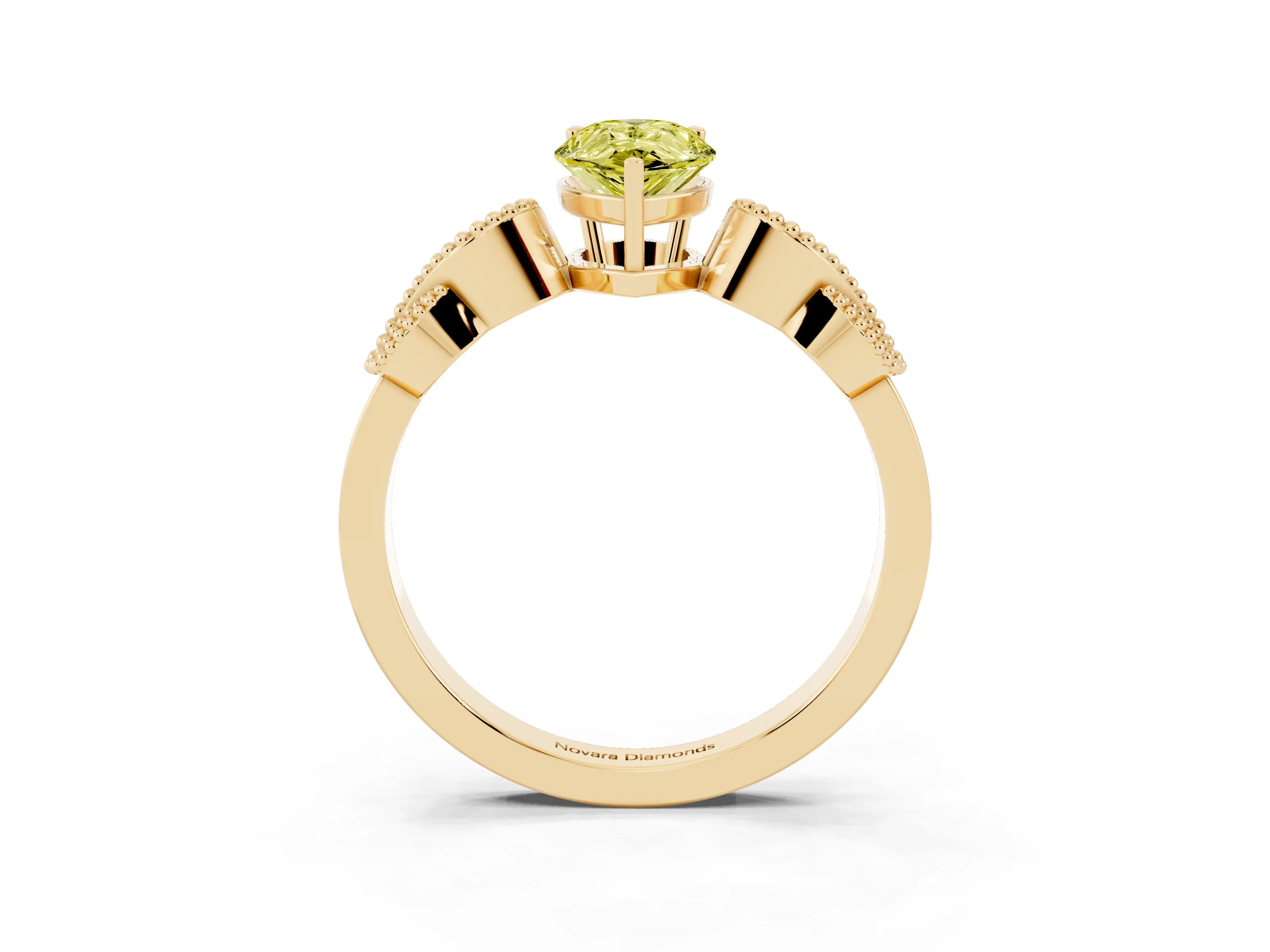 Fancy Yellow Pear Cut Diamond Milgrain Leaf Band Solitaire Ring Set in Yellow gold with Accent Stones and Prong Setting