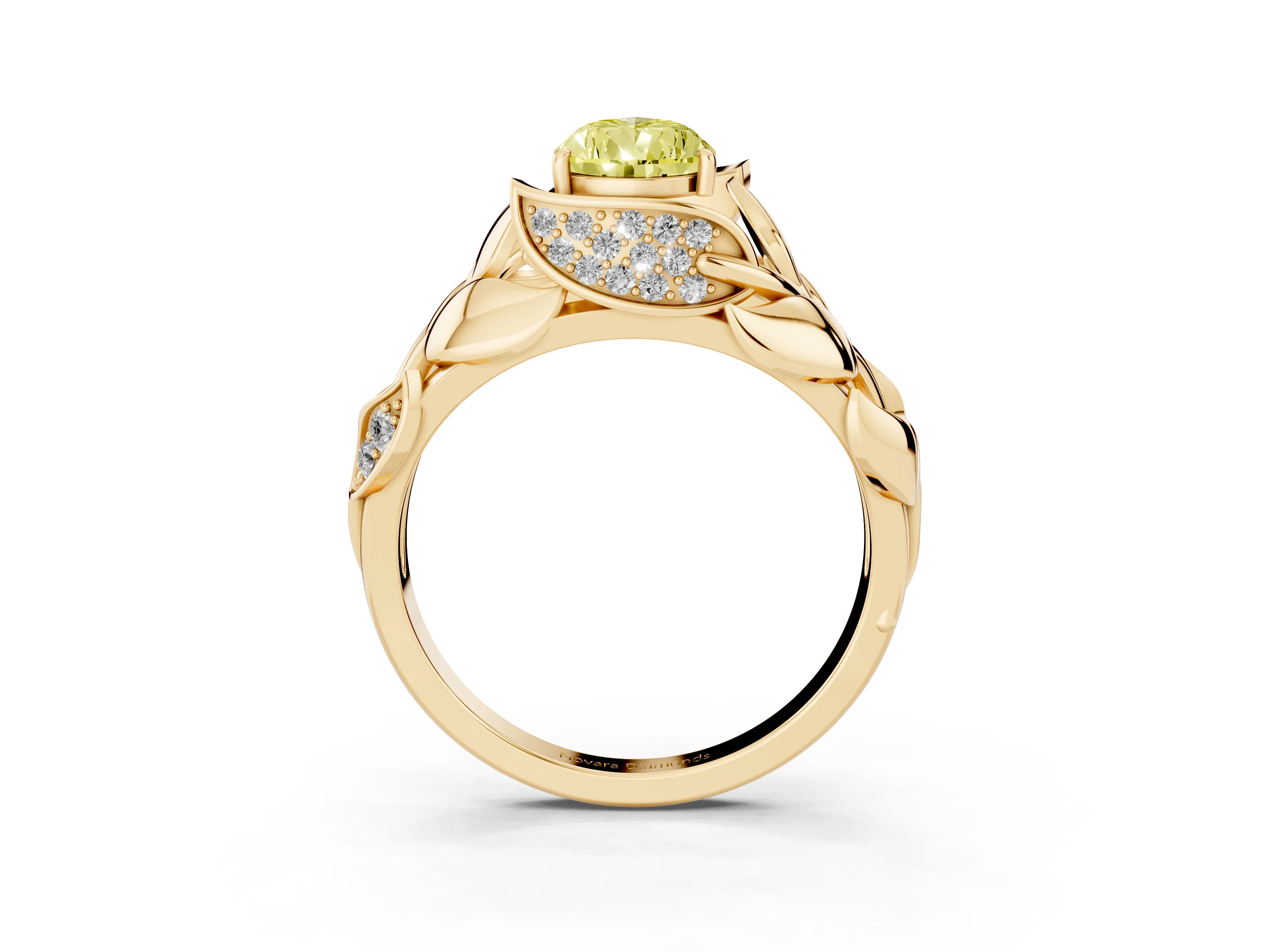 Fancy Yellow Pear Cut Diamond Leaf-Inspired Engagement Ring Set in Yellow gold with Round Accents