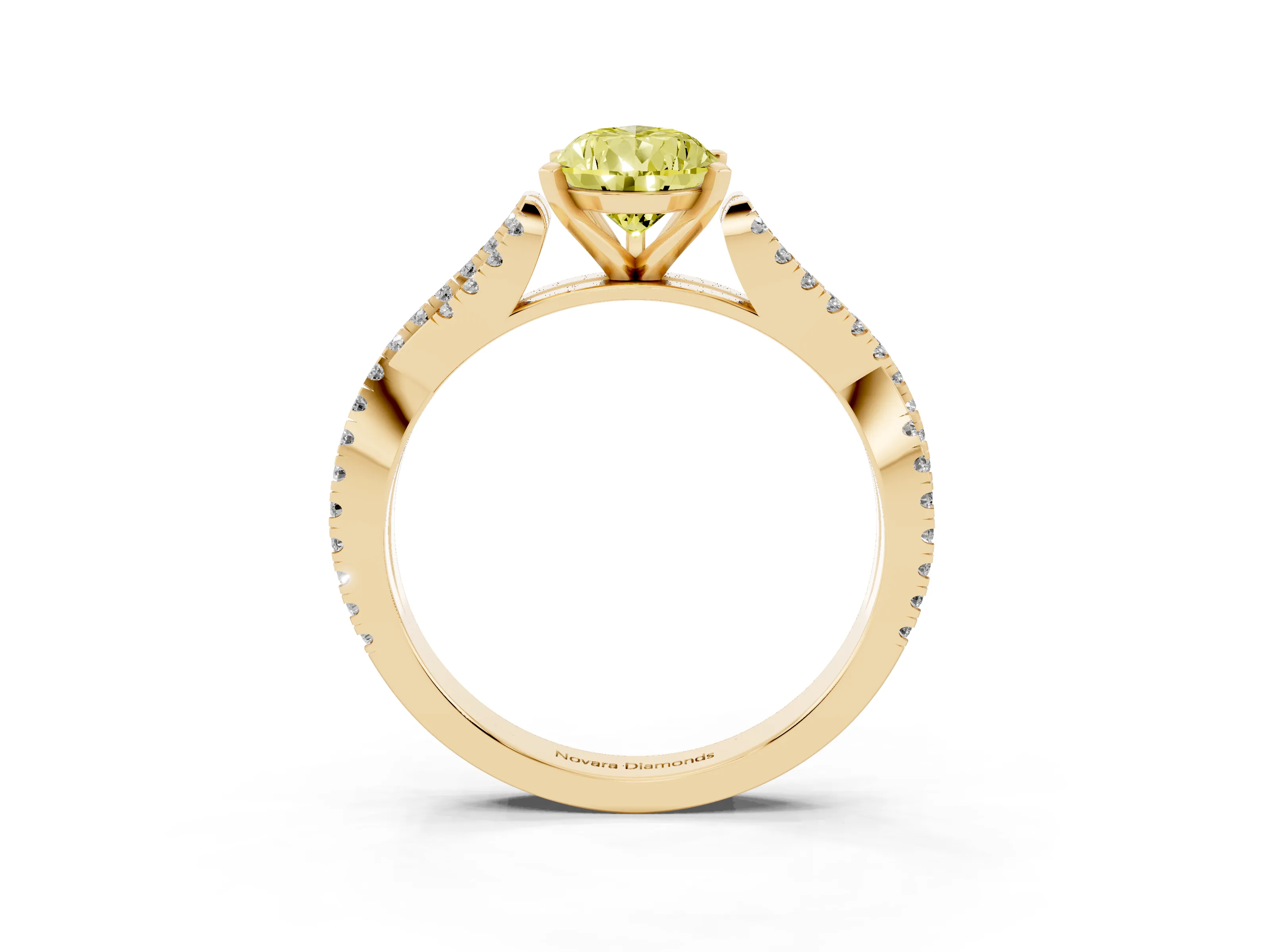 Fancy Yellow Pear Cut Diamond Solitaire Engagement Ring Set in Yellow gold with Twisted Pavé Band and Prong Setting