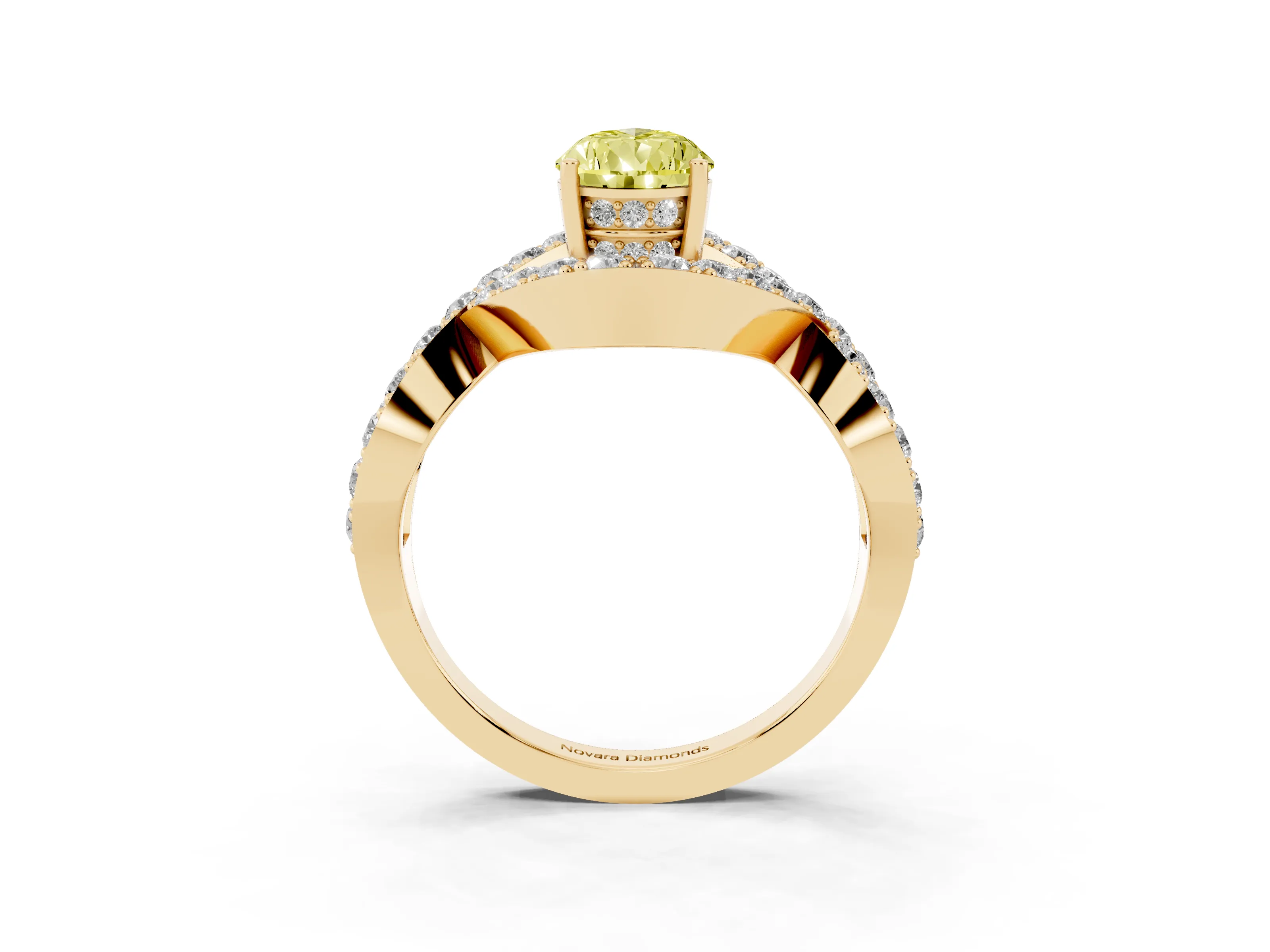 Fancy Yellow Pear Cut Diamond Solitaire Twist Band Pavé Engagement Ring Set in Yellow gold