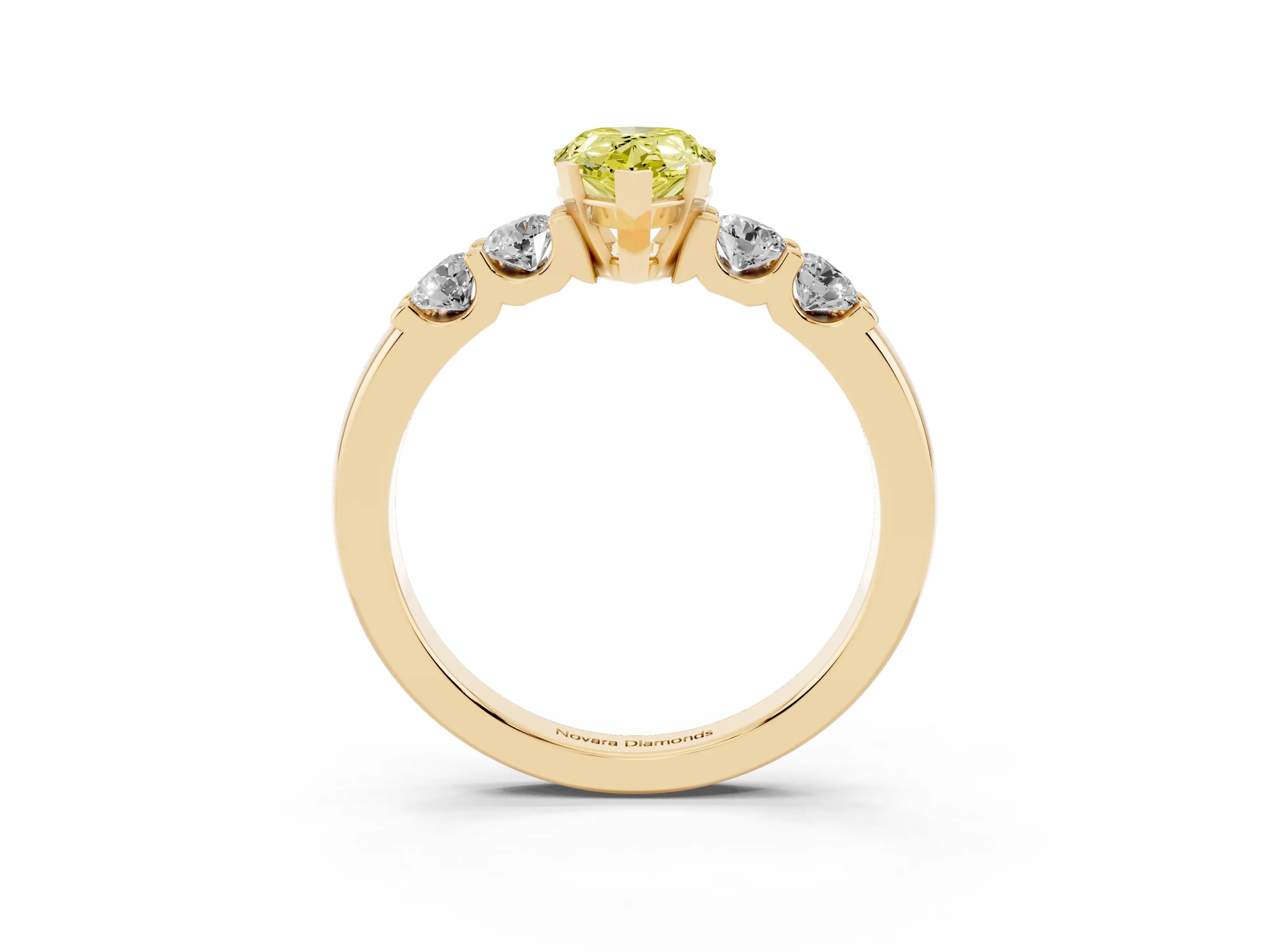 Fancy Yellow Pear Cut Diamond Five-Stone Prong Set Engagement Ring Set in Yellow gold with Channel Band