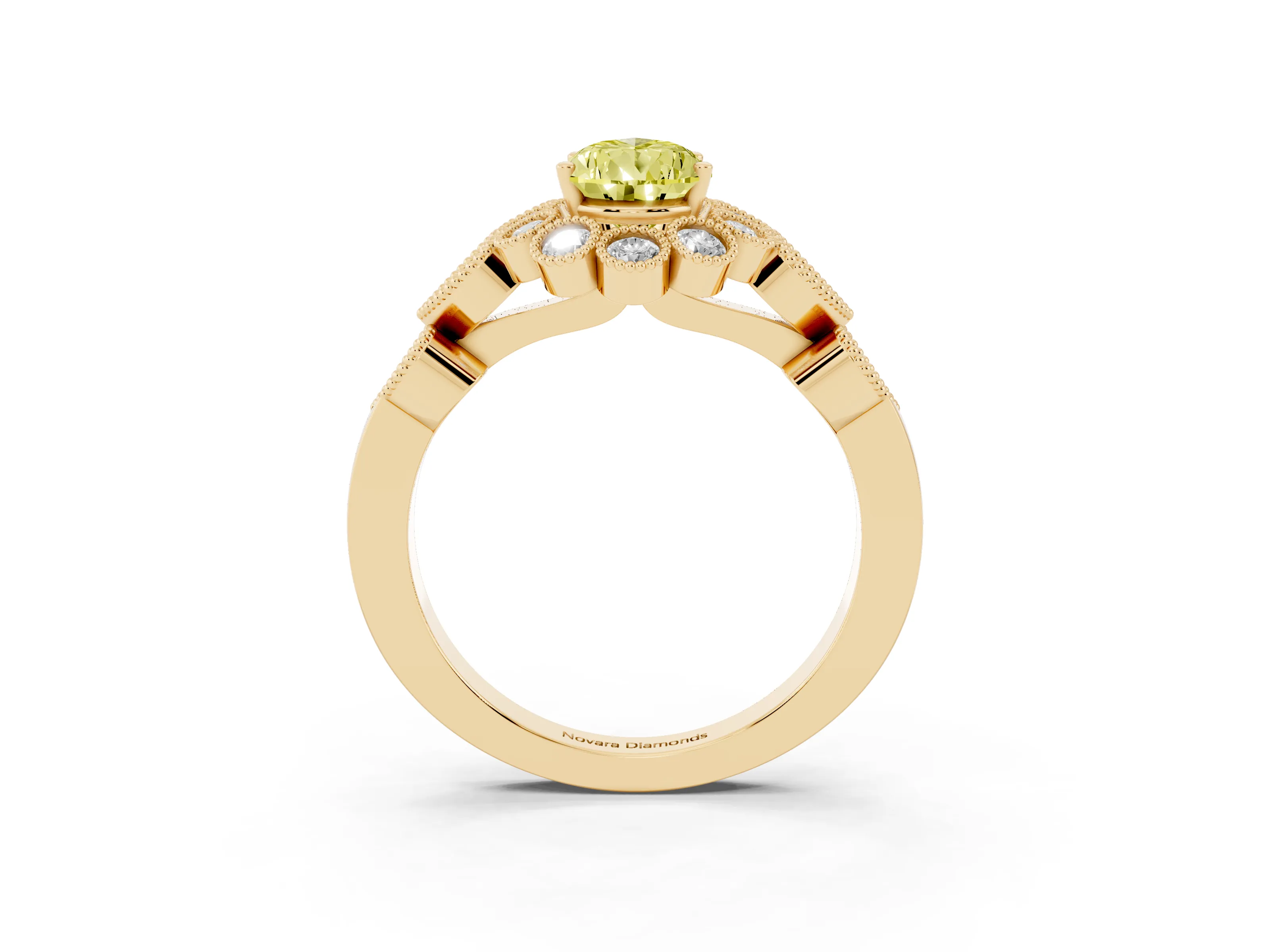 Fancy Yellow Pear Cut Diamond Solitaire Ring Set in Yellow gold with Milgrain Pavé Heart Band